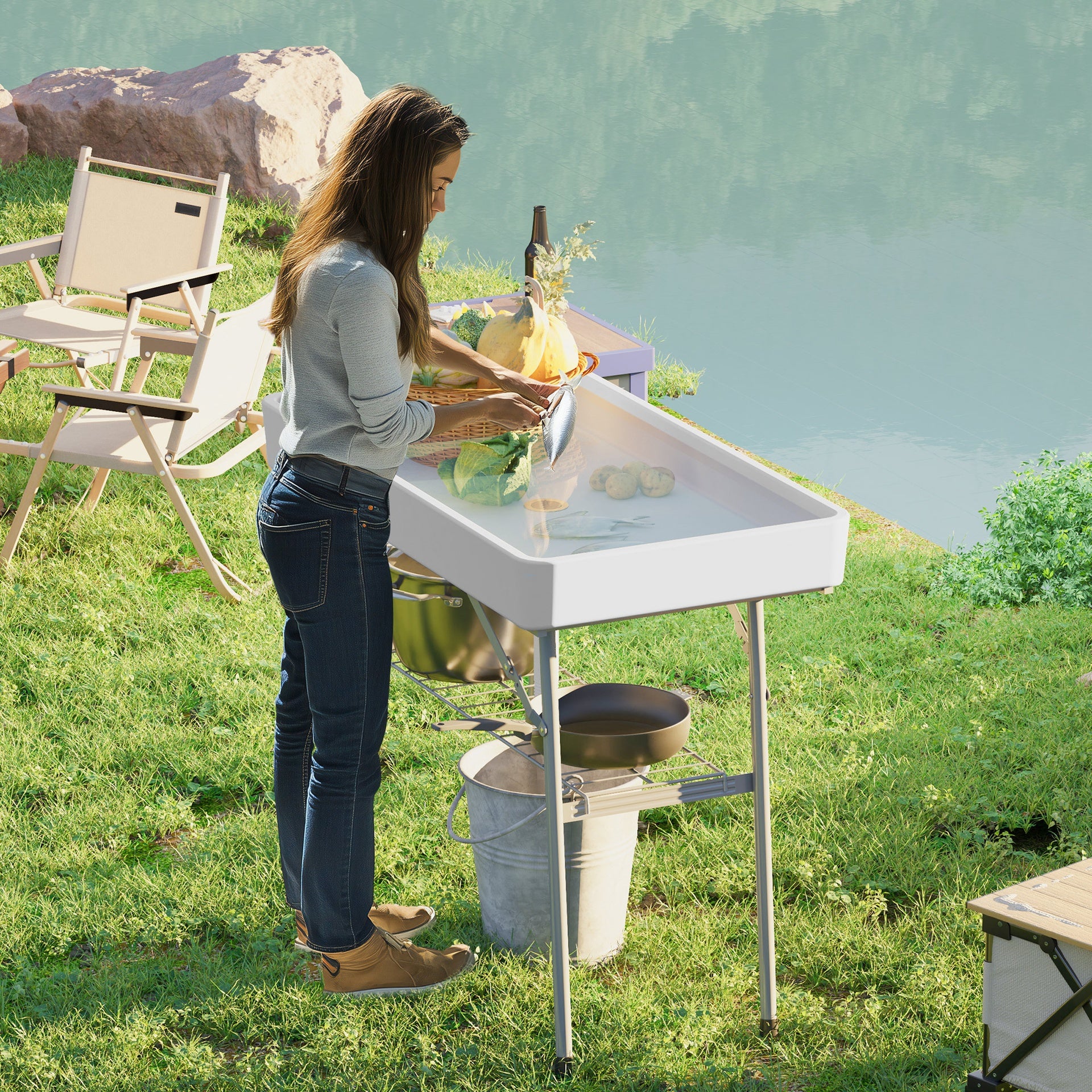 Outsunny 3.4ft Folding Ice Cooler Table with Drain, Fill and Chill Table Outdoor Table Cooler with Storage Shelf, Drink Cooler for Parties Picnic BBQ Camping Wedding, White