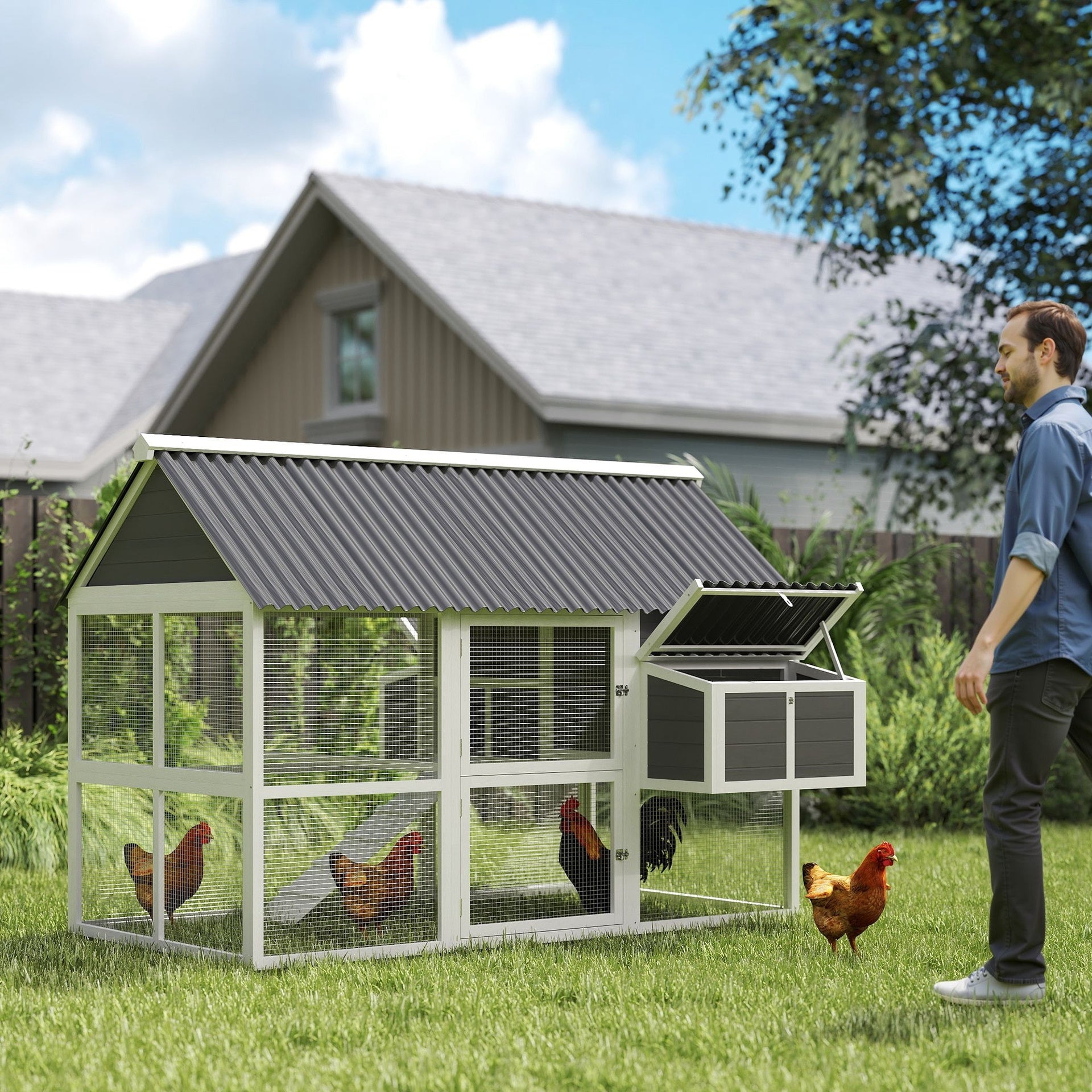 PawHut Wooden Chicken Coop with Run, 2 Nesting Boxes, 2 Roosting Bars, Ramp & Tray, Poultry Cage for 4-6 Chickens, Gray