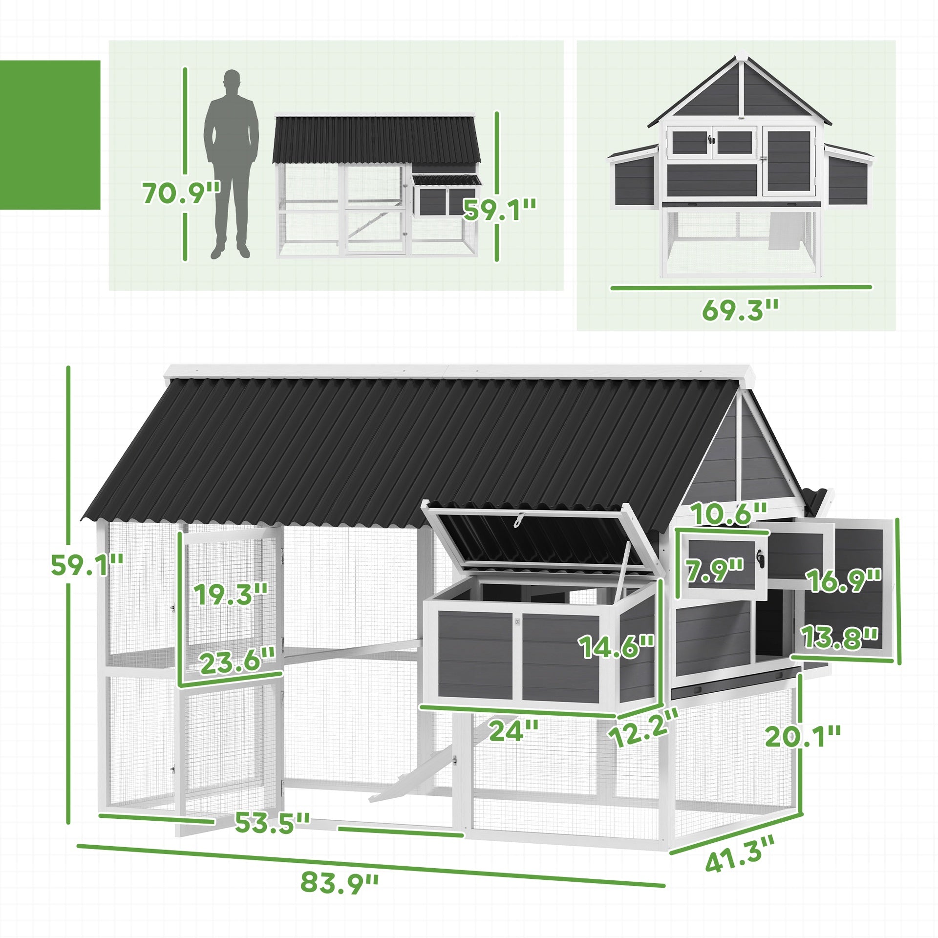 PawHut Wooden Chicken Coop with Run, 2 Nesting Boxes, 2 Roosting Bars, Ramp & Tray, Poultry Cage for 4-6 Chickens, Gray