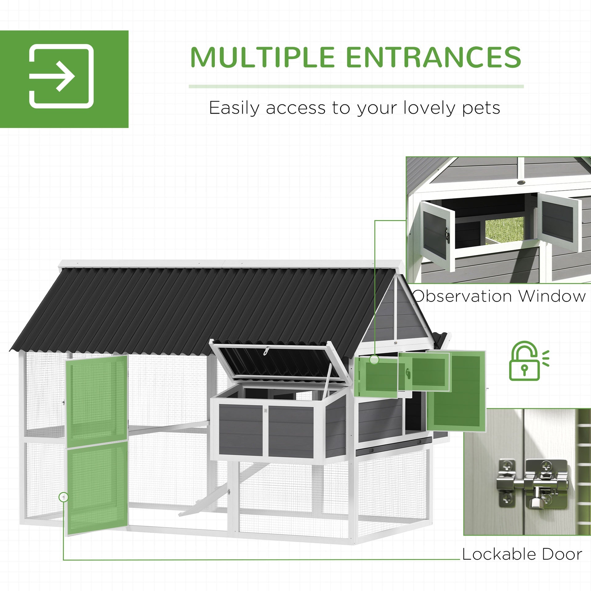 PawHut Wooden Chicken Coop with Run, 2 Nesting Boxes, 2 Roosting Bars, Ramp & Tray, Poultry Cage for 4-6 Chickens, Gray