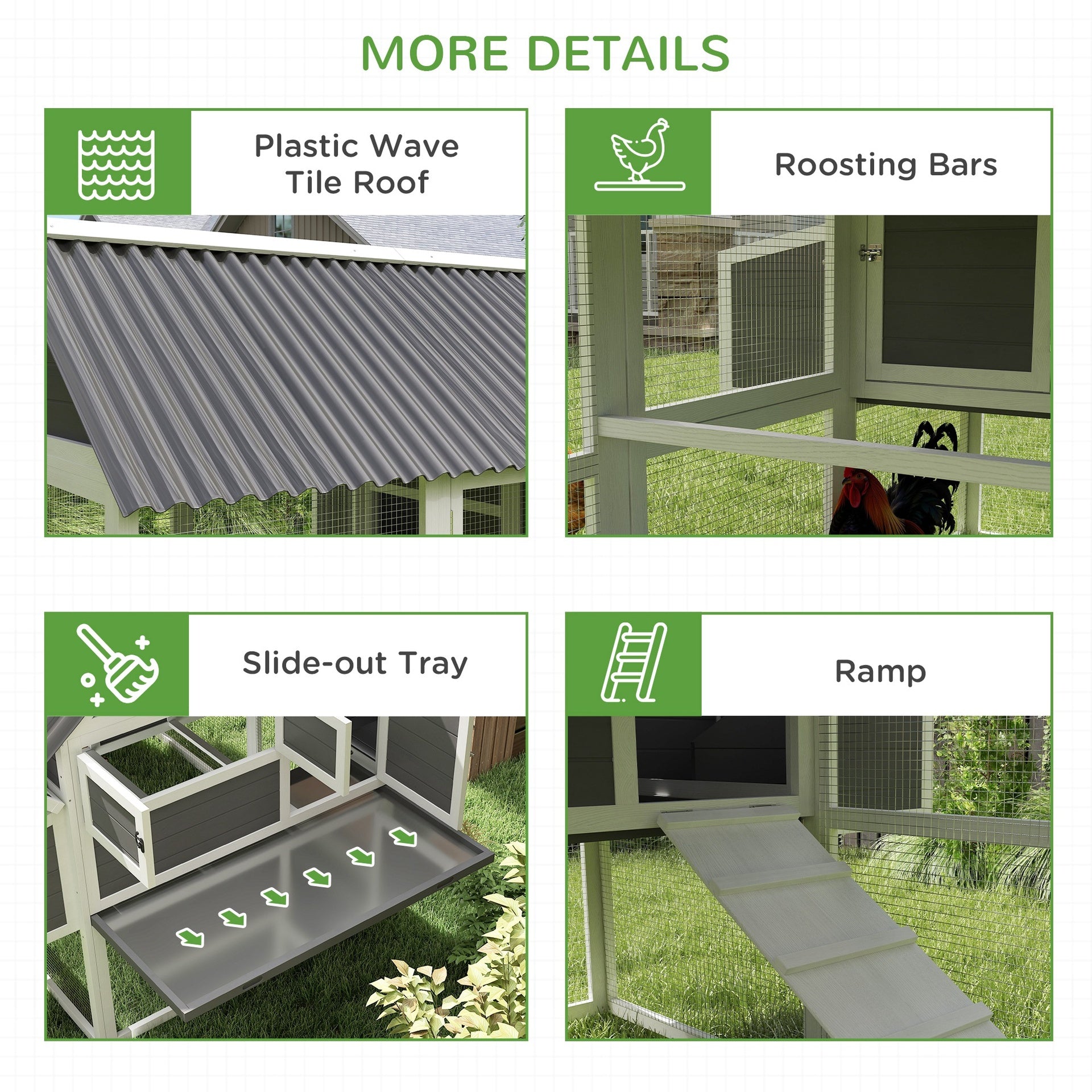 PawHut Wooden Chicken Coop with Run, 2 Nesting Boxes, 2 Roosting Bars, Ramp & Tray, Poultry Cage for 4-6 Chickens, Gray