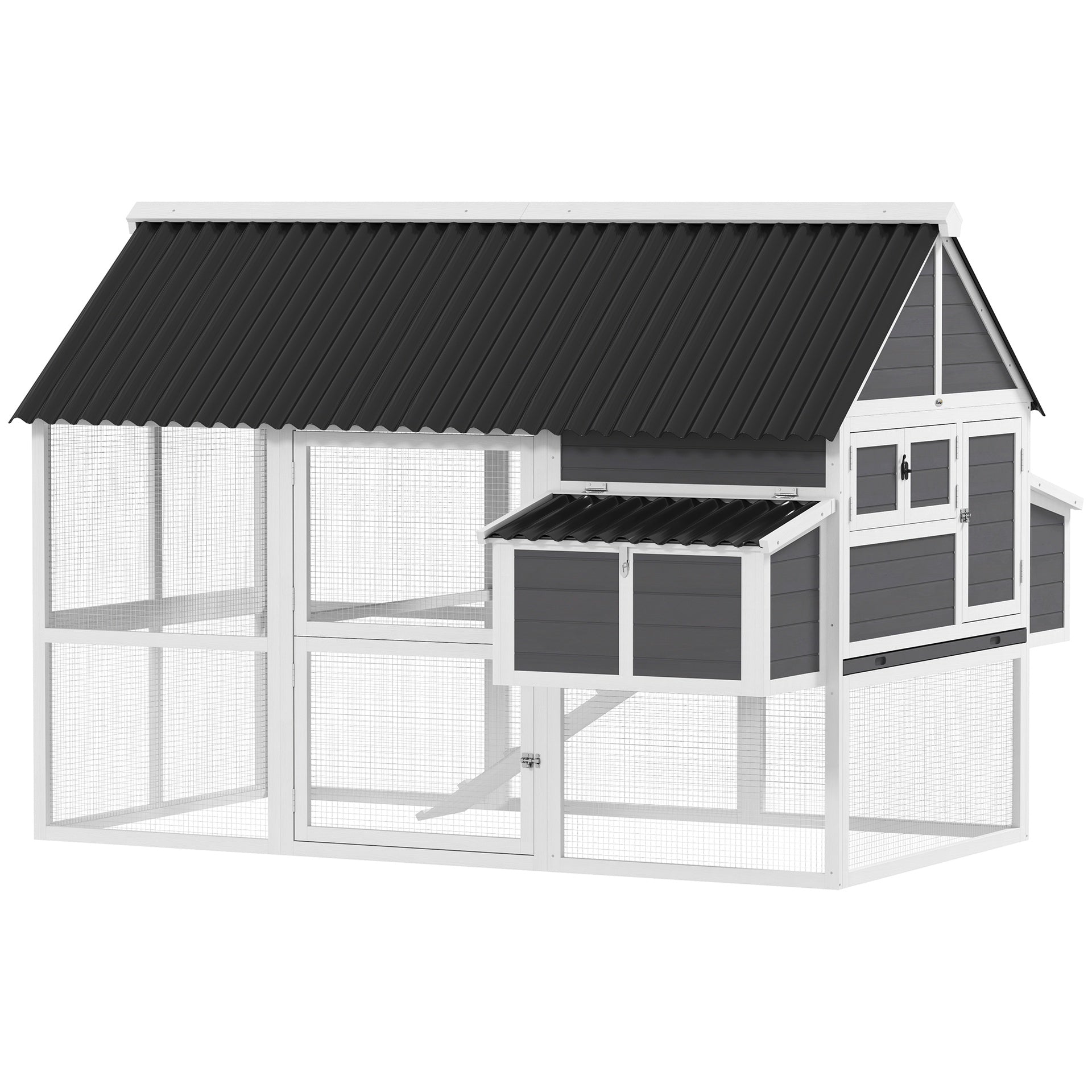 PawHut Wooden Chicken Coop with Run, 2 Nesting Boxes, 2 Roosting Bars, Ramp & Tray, Poultry Cage for 4-6 Chickens, Gray