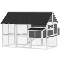PawHut Wooden Chicken Coop with Run, 2 Nesting Boxes, 2 Roosting Bars, Ramp & Tray, Poultry Cage for 4-6 Chickens, Gray