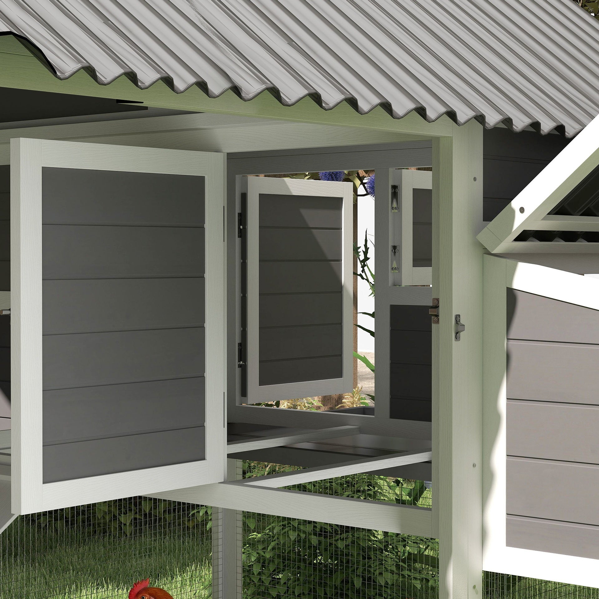 PawHut Wooden Chicken Coop with Run, 2 Nesting Boxes, 2 Roosting Bars, Ramp & Tray, Poultry Cage for 4-6 Chickens, Gray