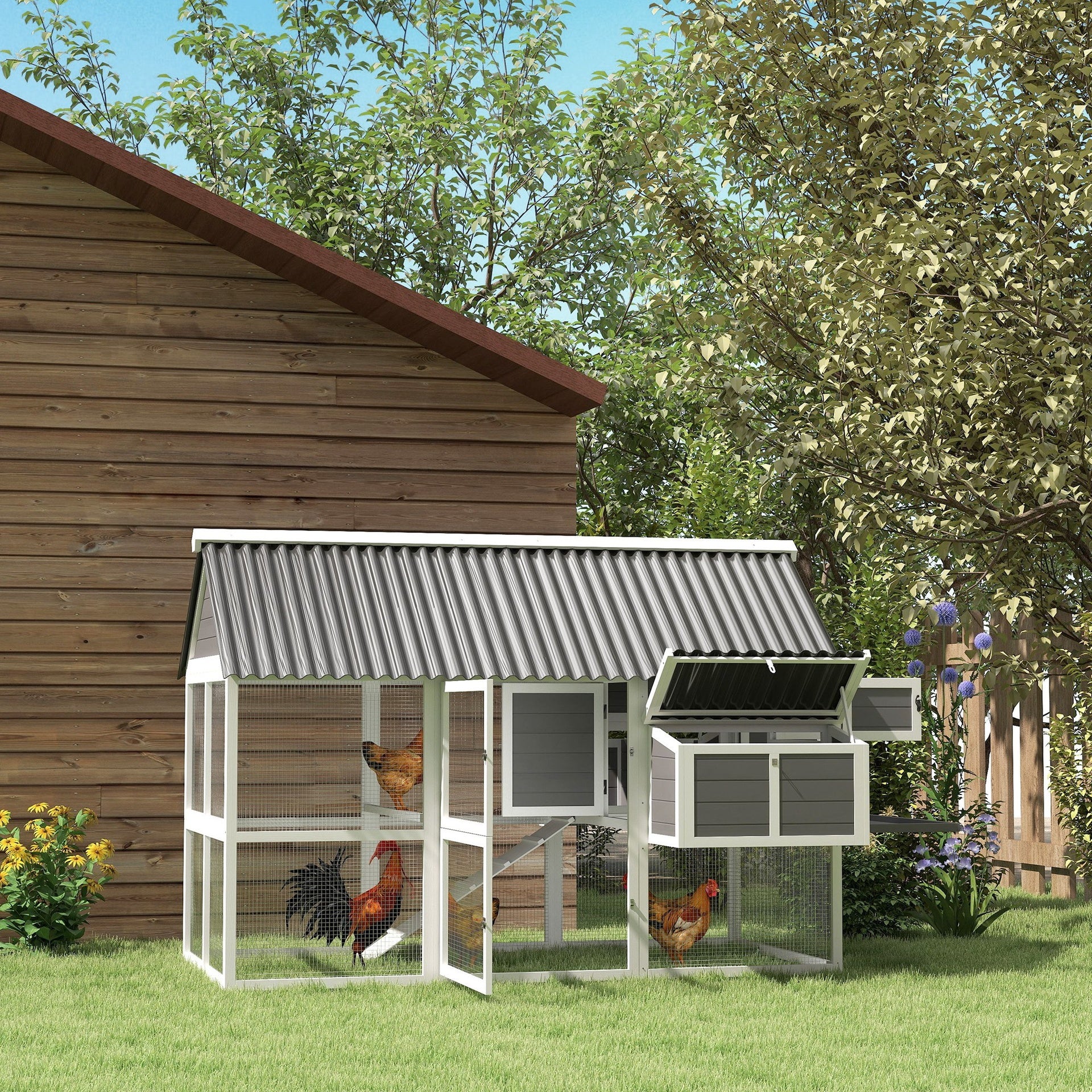 PawHut Wooden Chicken Coop with Run, 2 Nesting Boxes, 2 Roosting Bars, Ramp & Tray, Poultry Cage for 4-6 Chickens, Gray