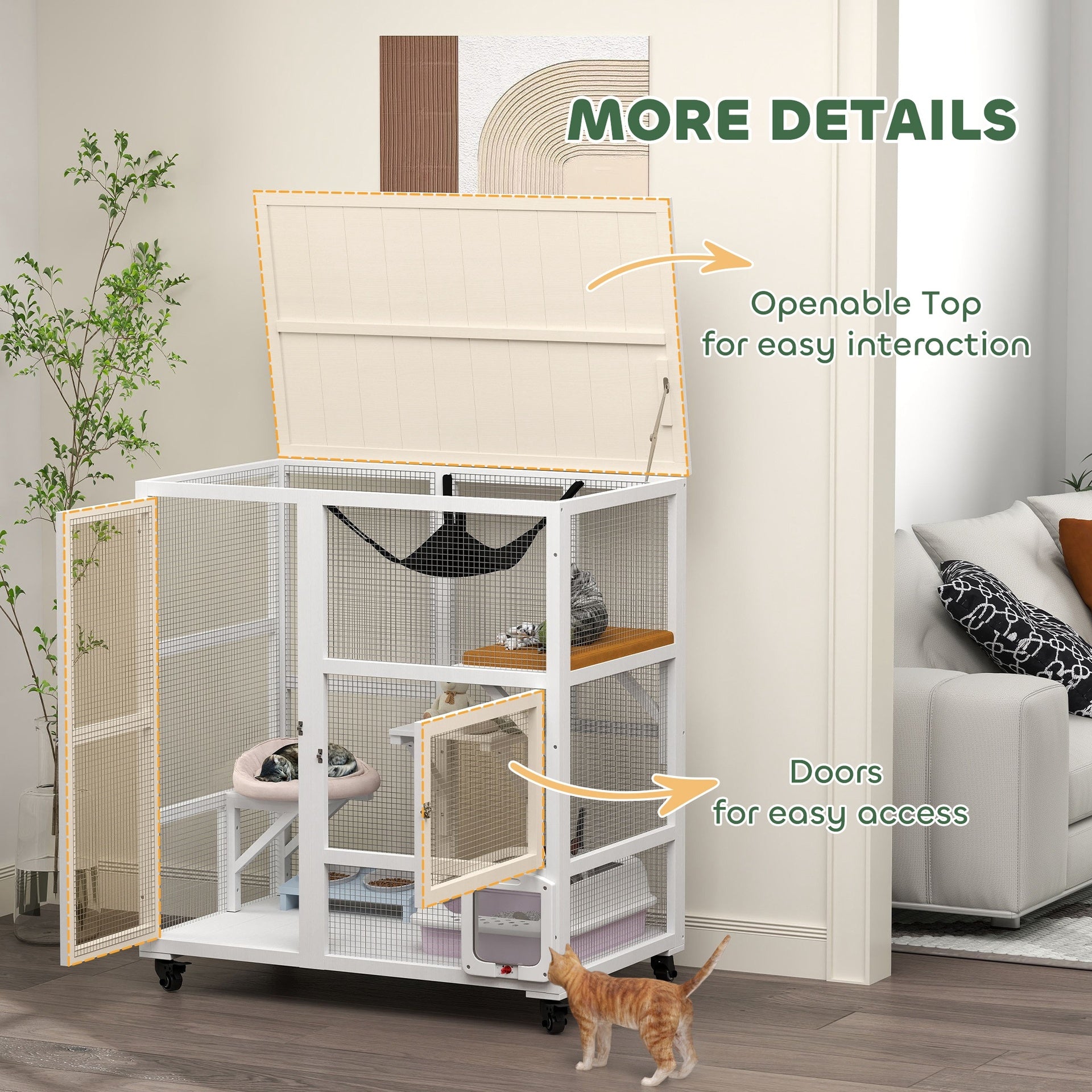 PawHut Cat House, Indoor Cat Enclosure on Wheels with Openable Top, 39", White