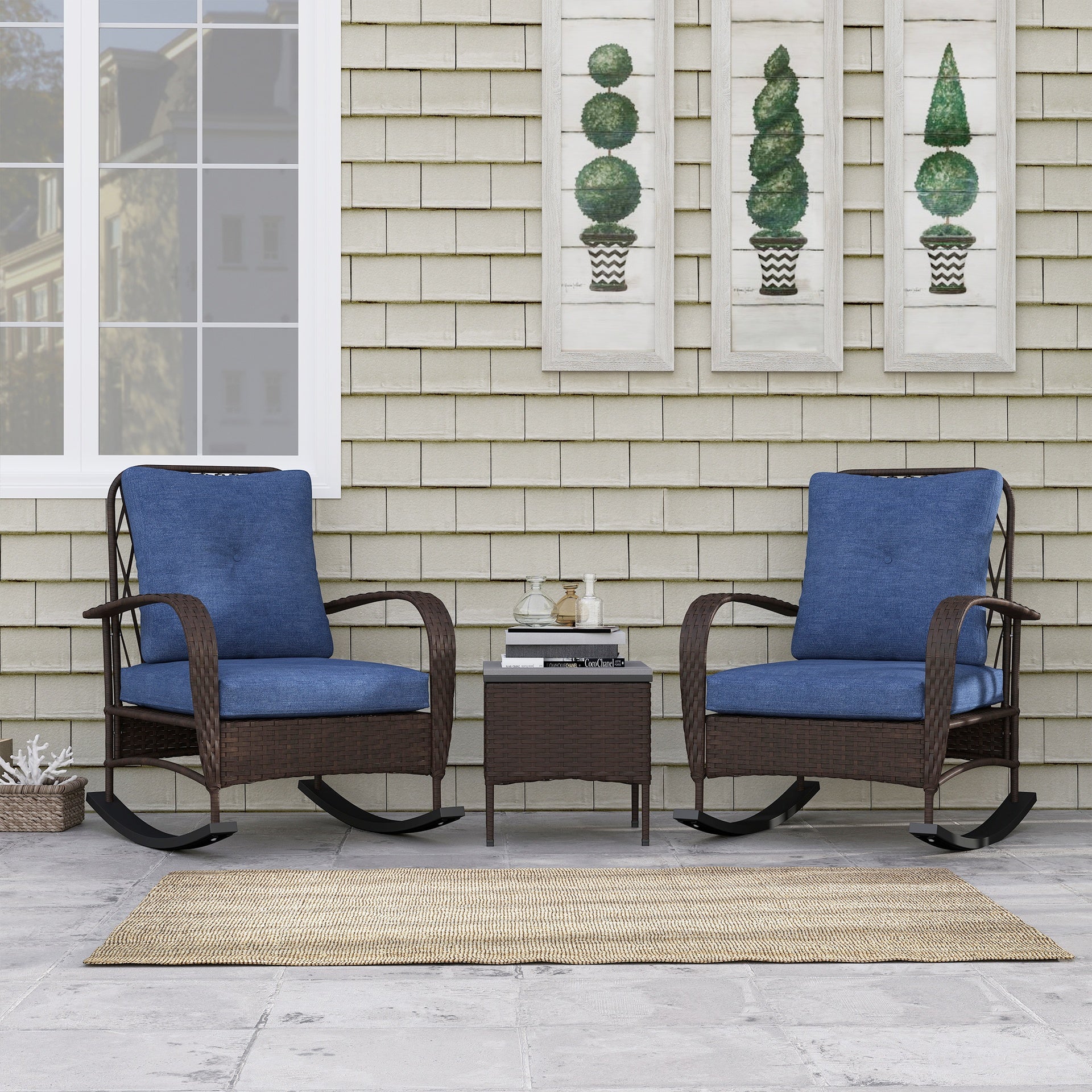 Outsunny 3 Piece Wicker Patio Furniture Set, Outdoor PE Rattan Rocking Chairs with Coffee Table, Cushions for Porch, Brown
