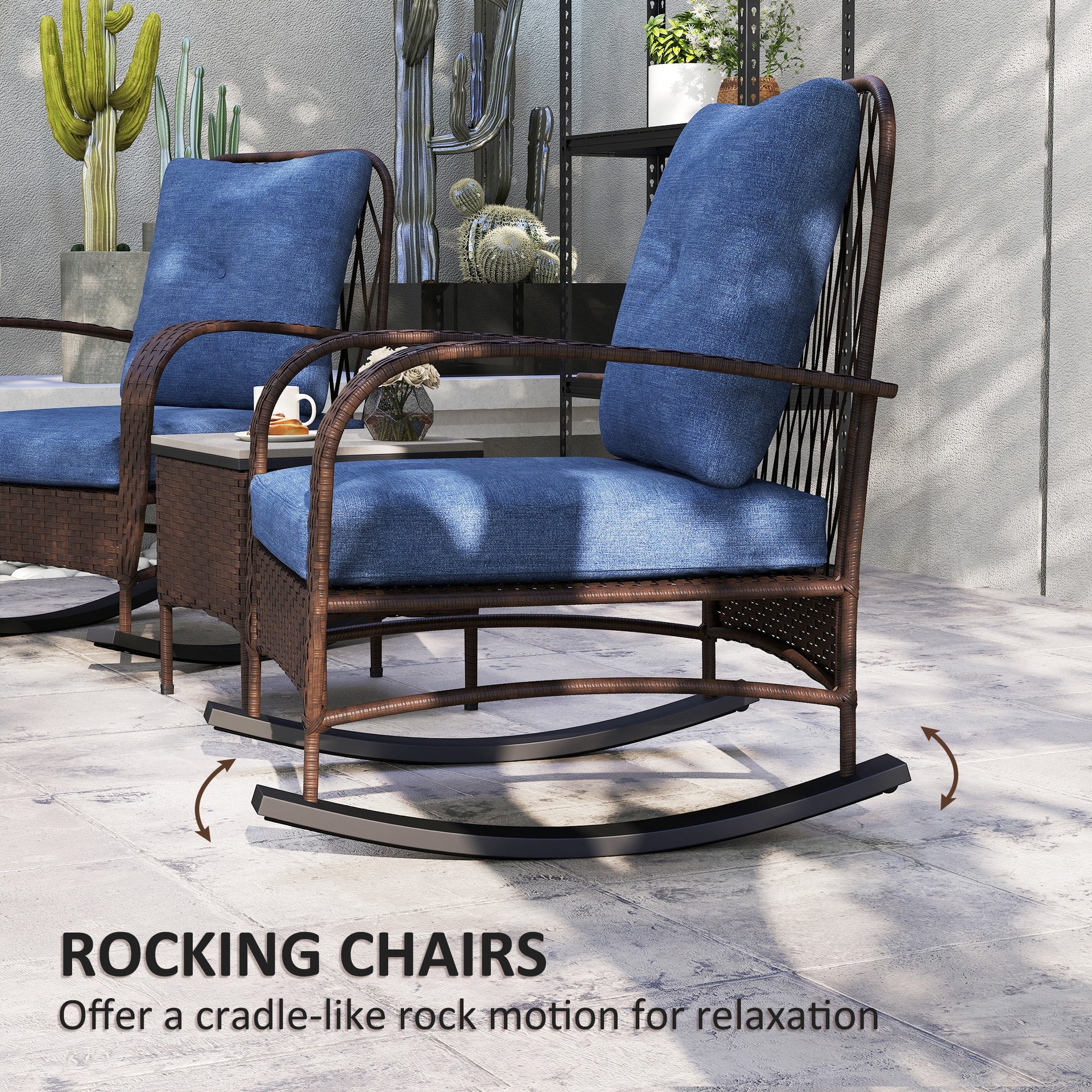 Outsunny 3 Piece Wicker Patio Furniture Set, Outdoor PE Rattan Rocking Chairs with Coffee Table, Cushions for Porch, Brown