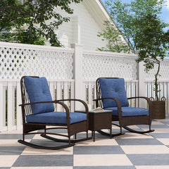 Outsunny 3 Piece Wicker Patio Furniture Set, Outdoor PE Rattan Rocking Chairs with Coffee Table, Cushions for Porch, Brown