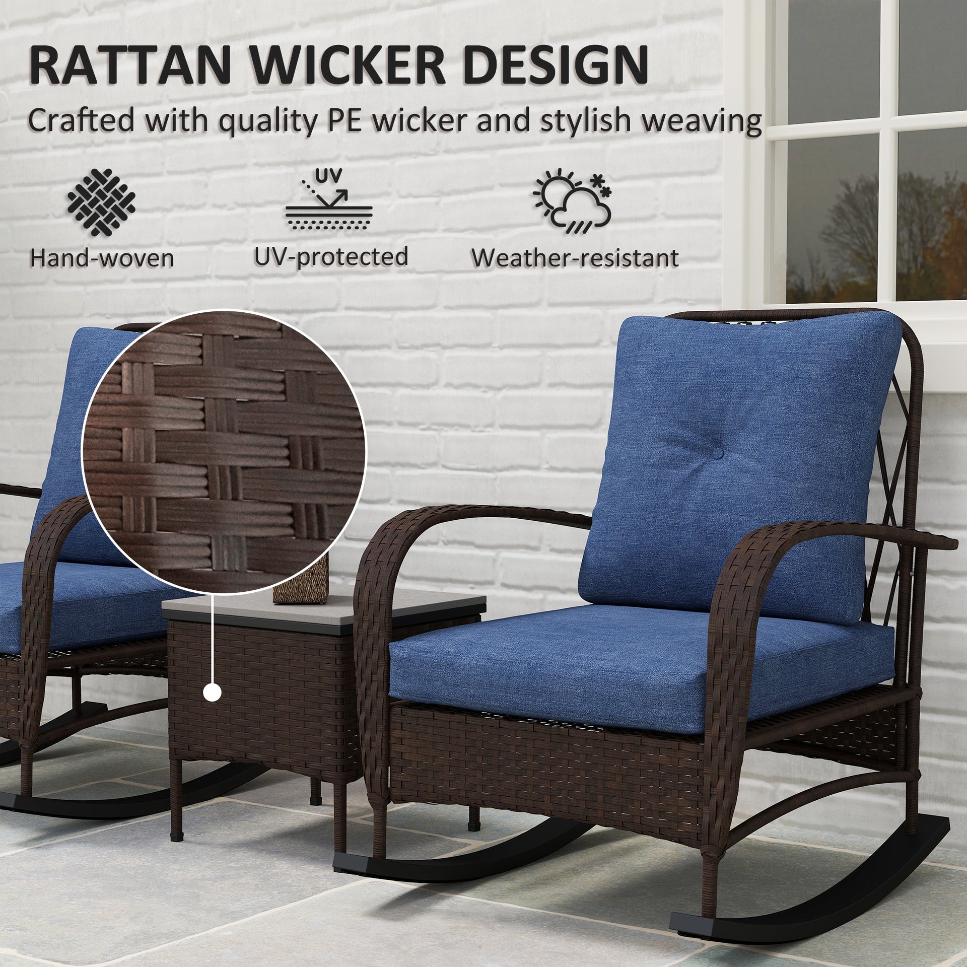 Outsunny 3 Piece Wicker Patio Furniture Set, Outdoor PE Rattan Rocking Chairs with Coffee Table, Cushions for Porch, Brown