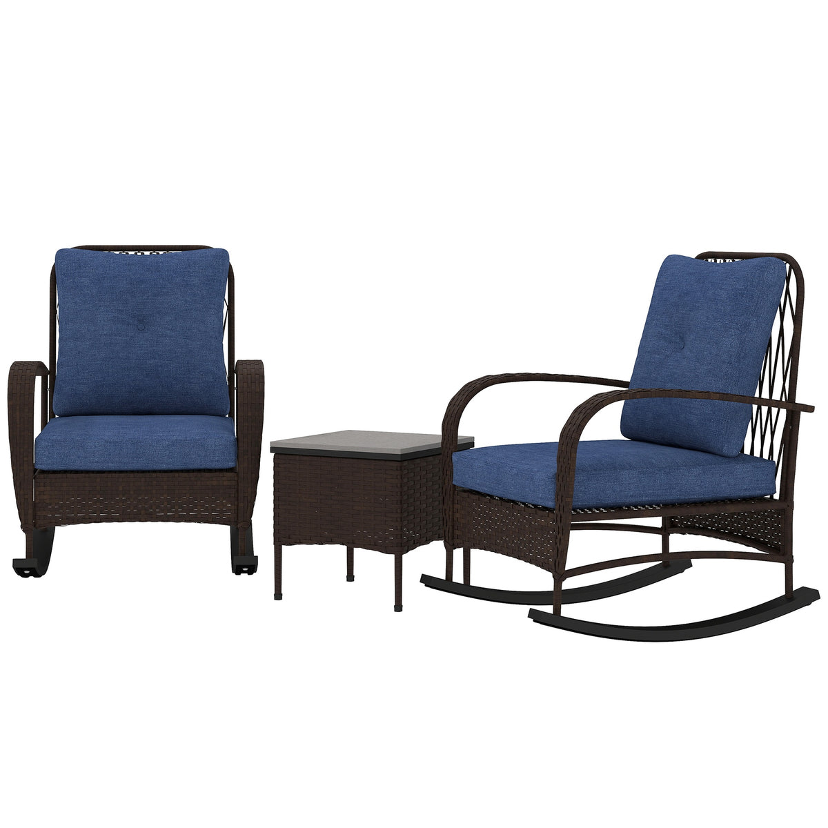 Outsunny 3 Piece Wicker Patio Furniture Set, Outdoor PE Rattan Rocking Chairs with Coffee Table, Cushions for Porch, Brown