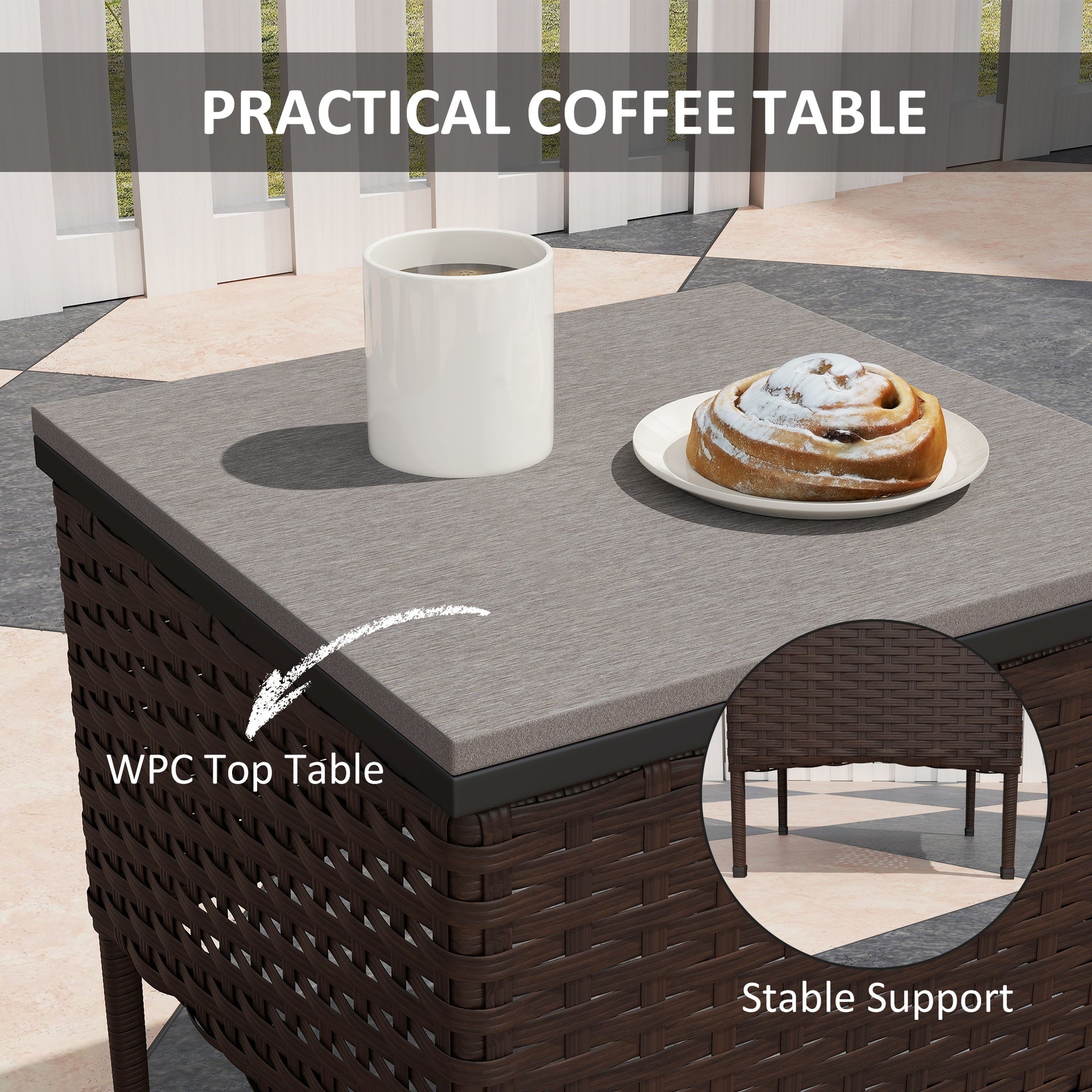 Outsunny 3 Piece Wicker Patio Furniture Set, Outdoor PE Rattan Rocking Chairs with Coffee Table, Cushions for Porch, Brown