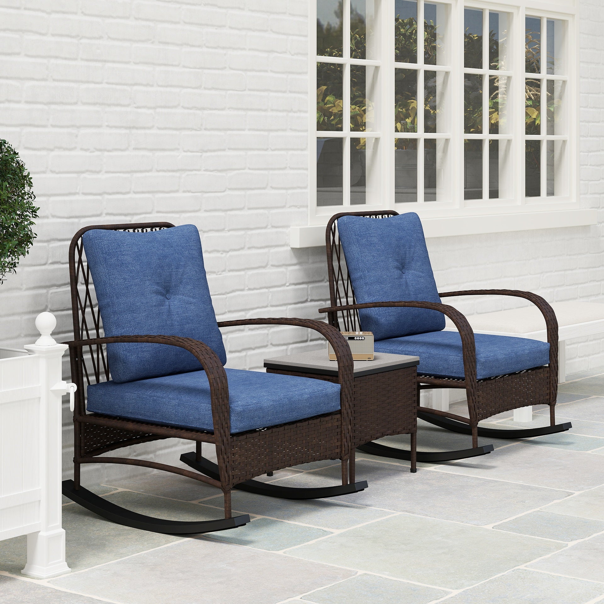 Outsunny 3 Piece Wicker Patio Furniture Set, Outdoor PE Rattan Rocking Chairs with Coffee Table, Cushions for Porch, Brown