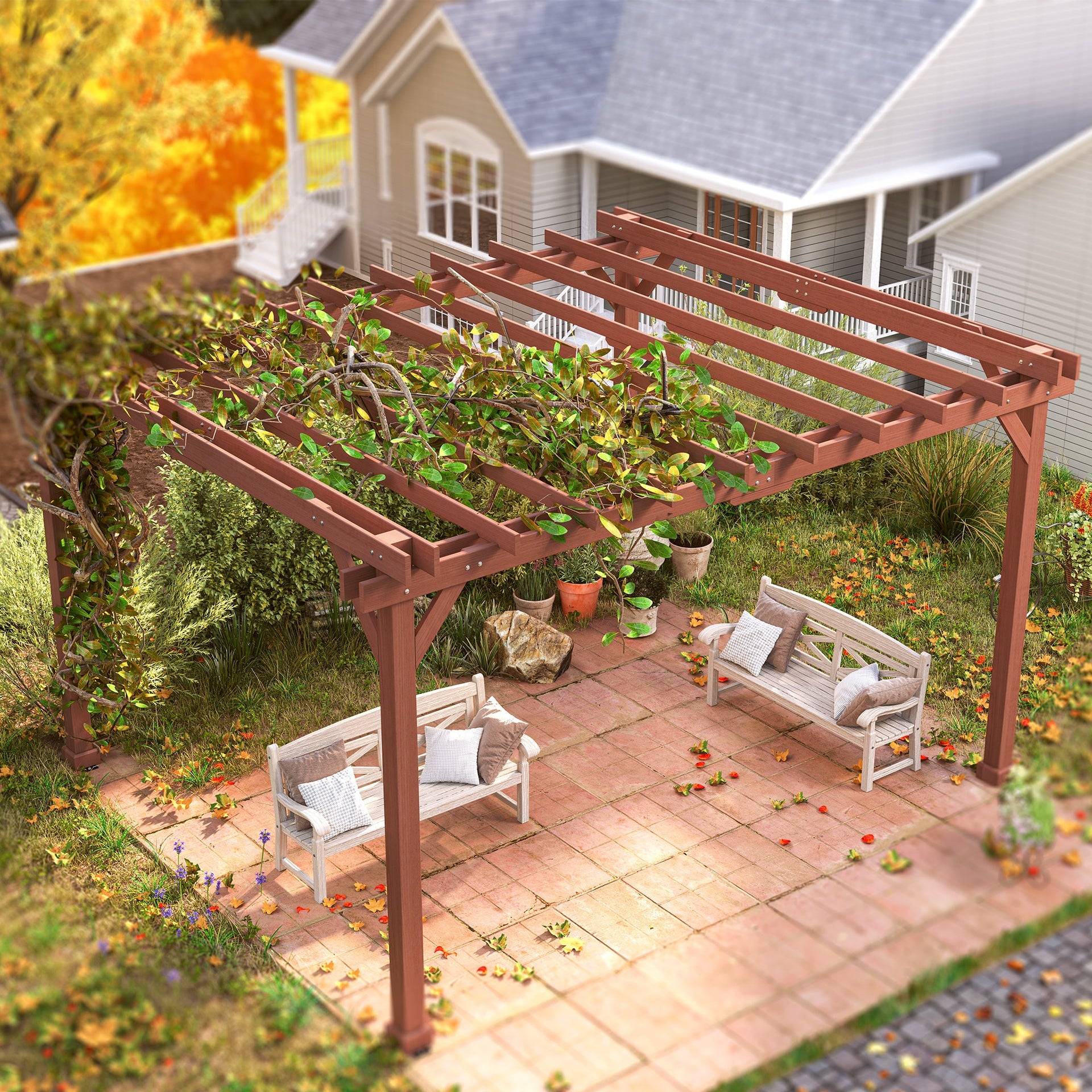 Outsunny 11' x 12.5' Outdoor Wood Pergola with Grape Trellis for Patio, Deck, Backyard, Lawn