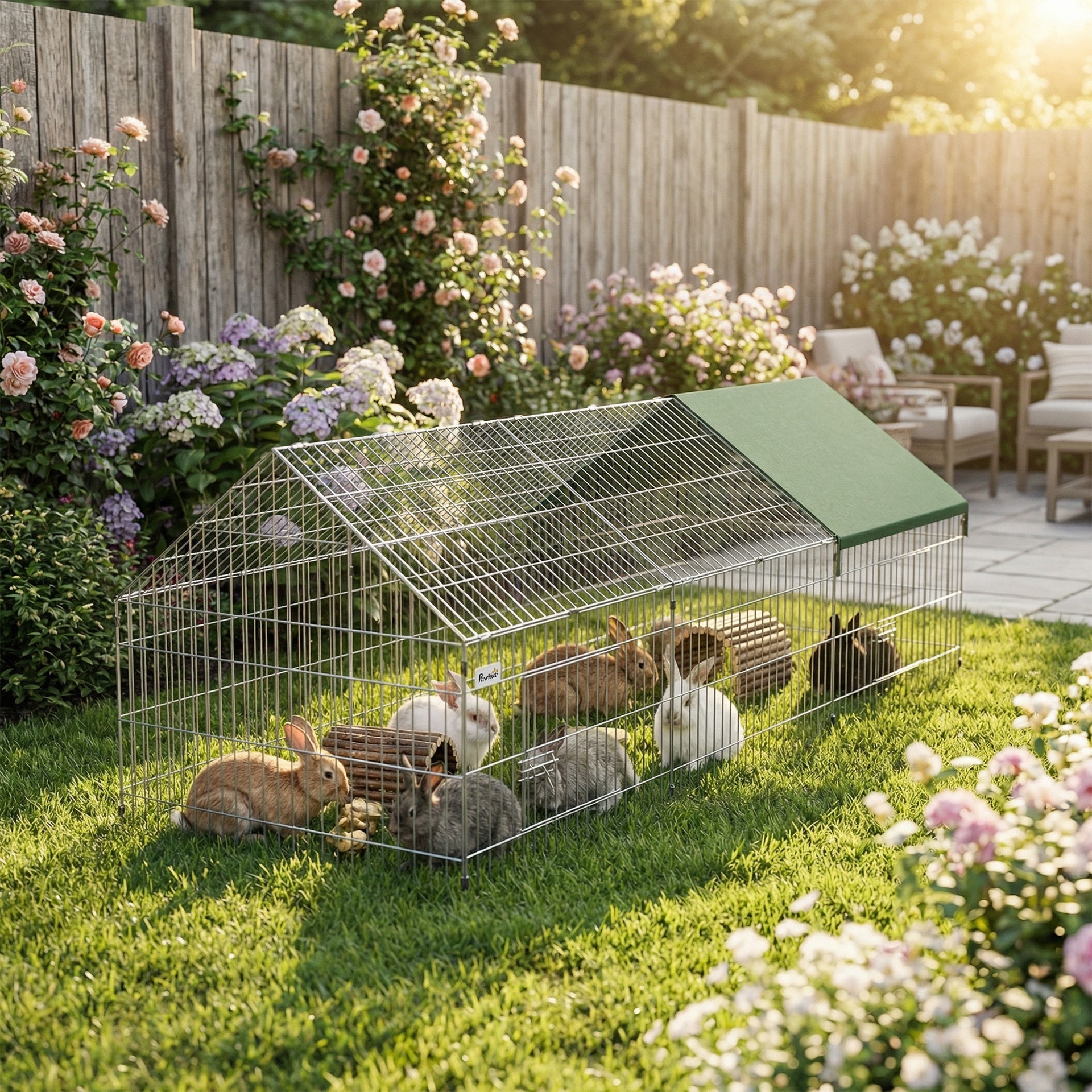 PawHut Metal Chicken Coop with Cover for Backyard Small Animals Duck Rabbit, 106" x 29.5" x 29.5", Green