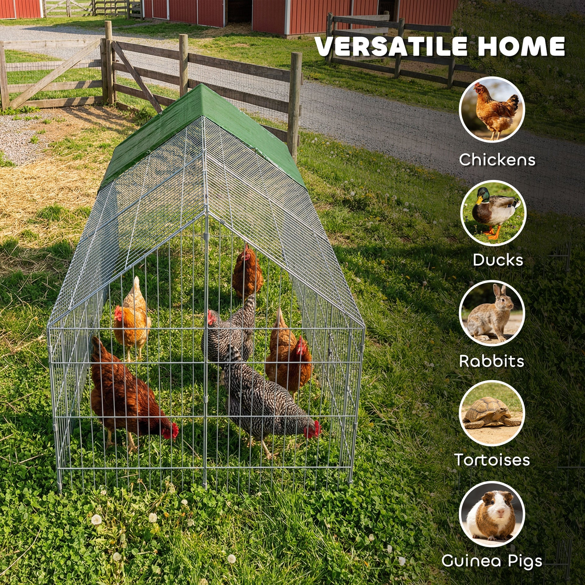 PawHut Metal Chicken Coop with Cover for Backyard Small Animals Duck Rabbit, 106" x 29.5" x 29.5", Green