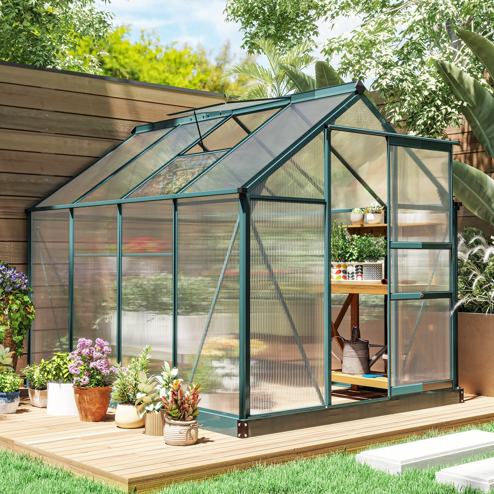 Outsunny 6x8 Greenhouse Polycarbonate Heavy Duty Patio Backyard, Dark Green