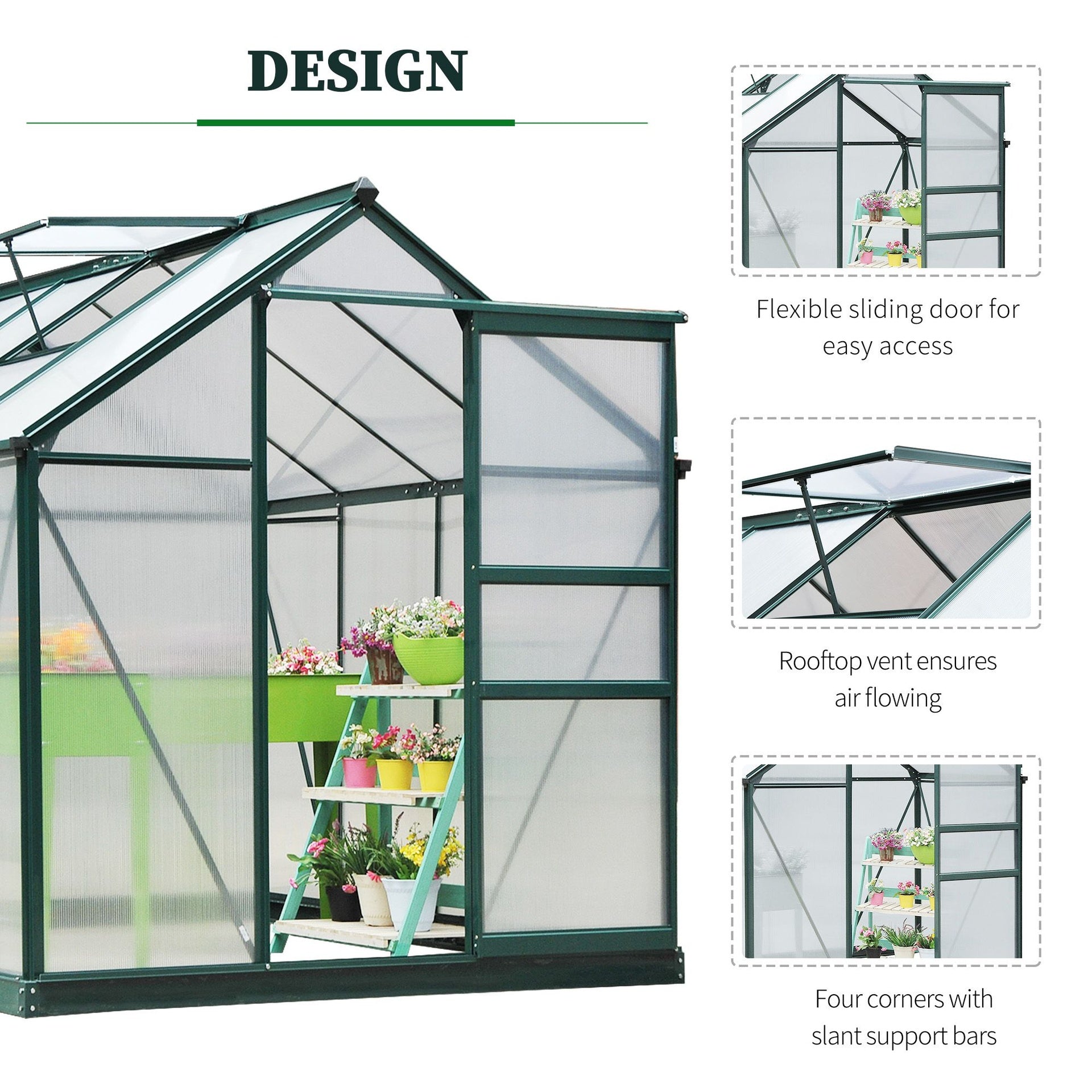 Outsunny 6x8 Greenhouse Polycarbonate Heavy Duty Patio Backyard, Dark Green