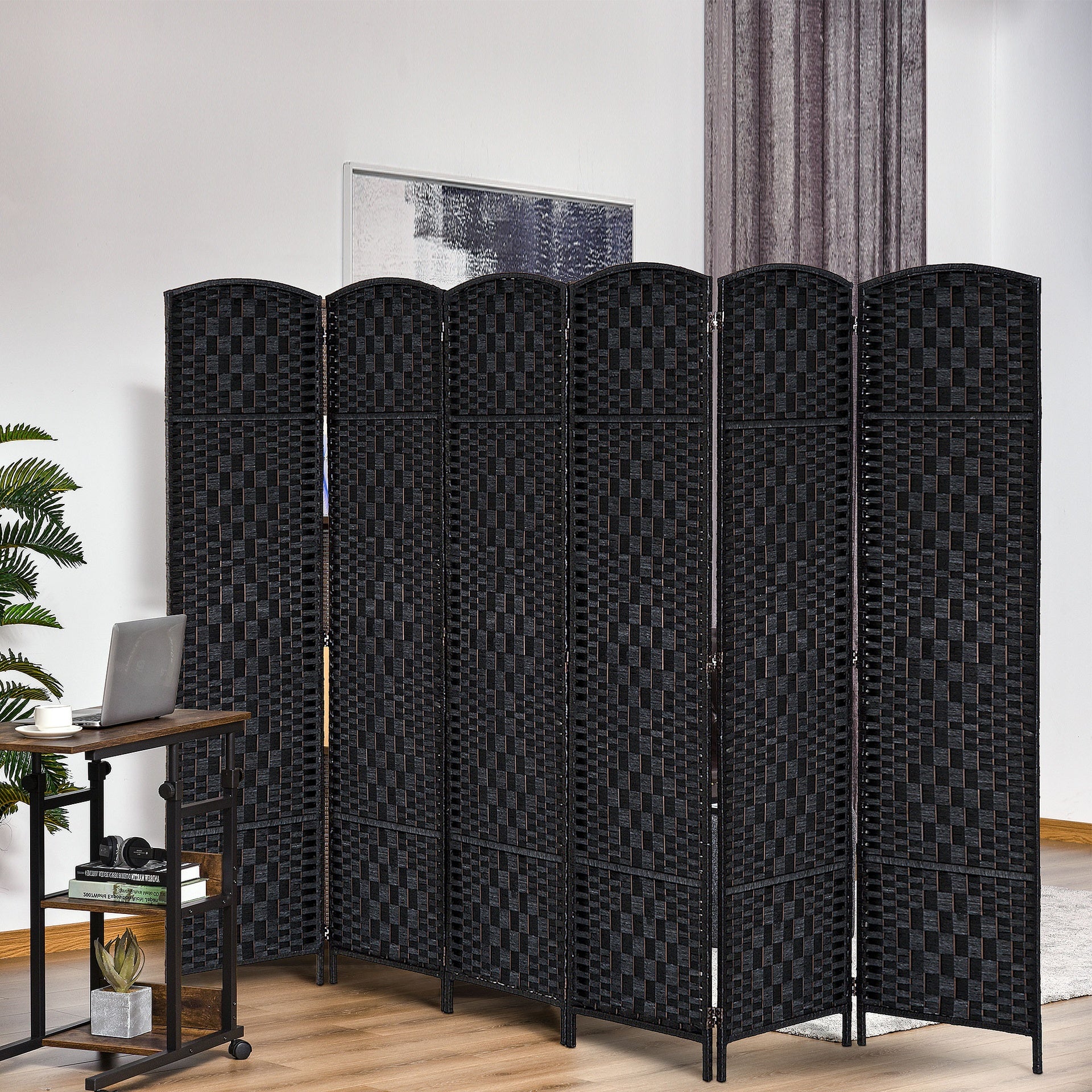 HOMCOM Room Divider 6 Panel, 6FT Tall Folding Privacy Screen, Freestanding Hand-Woven Partition for Room Separation with 360° Hinges, Paper Rope Diamond Weave, Black