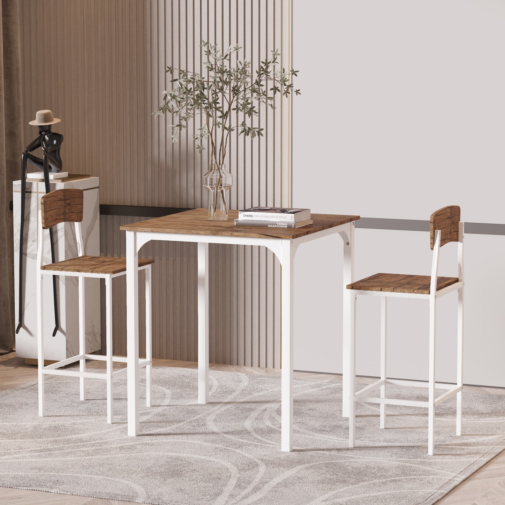 HOMCOM 3 Piece Industrial Counter Height Dining Table Set, Bar Table & Chairs with Steel Legs & Footrests, White
