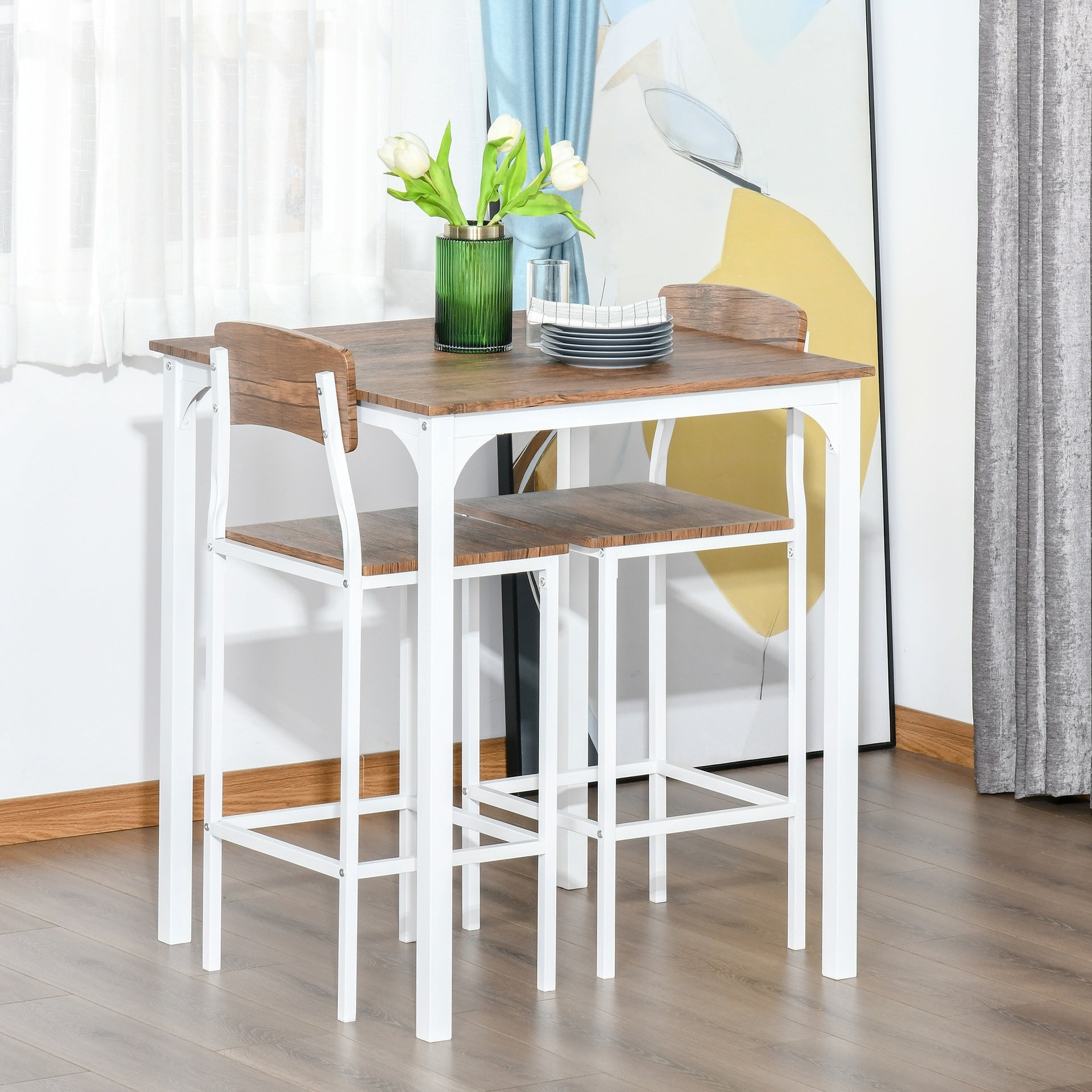 HOMCOM 3 Piece Industrial Counter Height Dining Table Set, Bar Table & Chairs with Steel Legs & Footrests, White