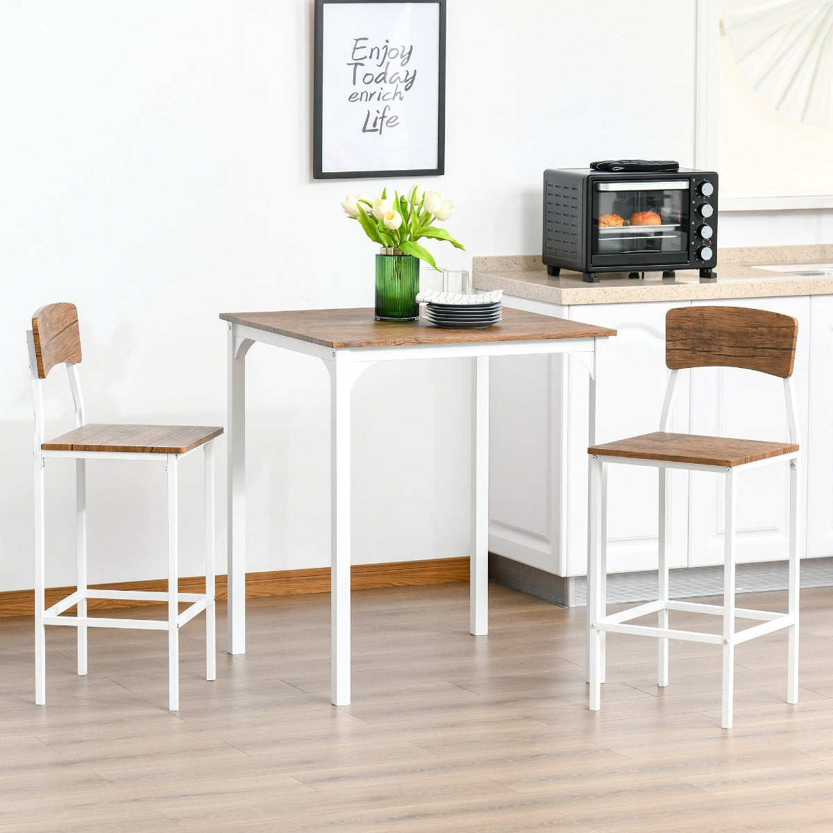 HOMCOM 3 Piece Industrial Counter Height Dining Table Set, Bar Table & Chairs with Steel Legs & Footrests, White