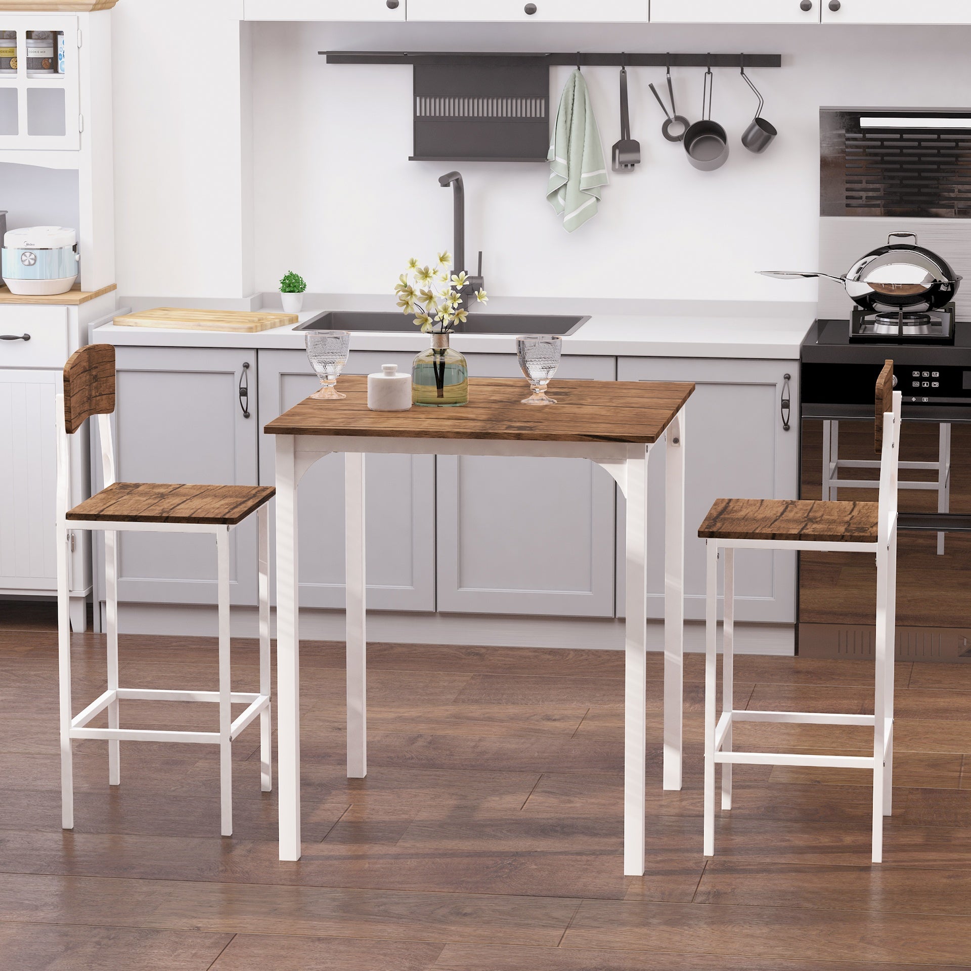HOMCOM 3 Piece Industrial Counter Height Dining Table Set, Bar Table & Chairs with Steel Legs & Footrests, White