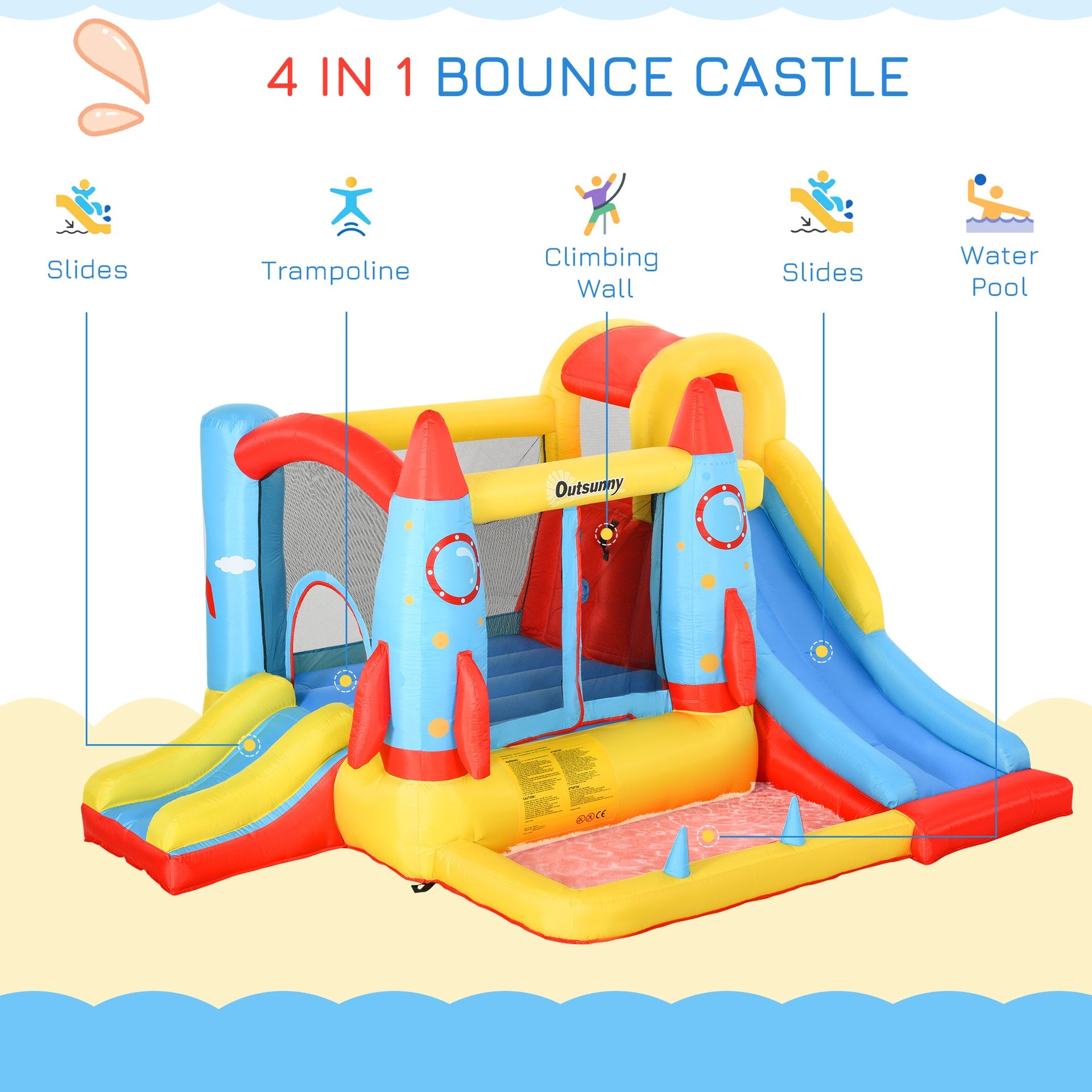 Outsunny Kids Bounce House, 4-in-1 Rocket Inflatable Water Slide Jumping Castle with 2 Slides, Climbing Wall, Trampoline, & Water Pool Area, Air Blower