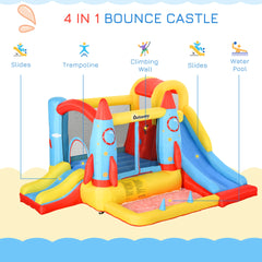 Outsunny Kids Bounce House, 4-in-1 Rocket Inflatable Water Slide Jumping Castle with 2 Slides, Climbing Wall, Trampoline, & Water Pool Area, Air Blower