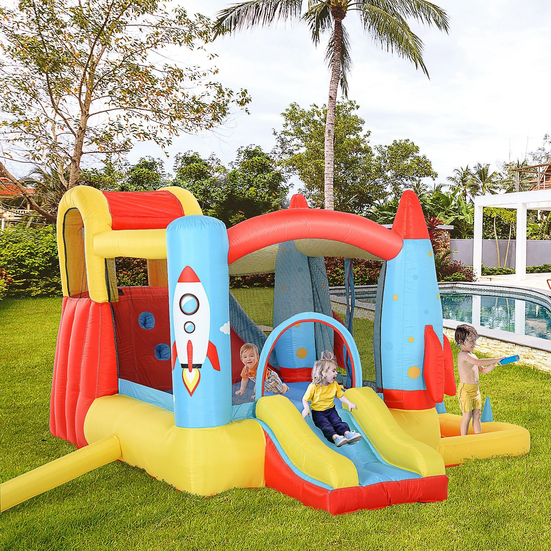 Outsunny Kids Bounce House, 4-in-1 Rocket Inflatable Water Slide Jumping Castle with 2 Slides, Climbing Wall, Trampoline, & Water Pool Area, Air Blower