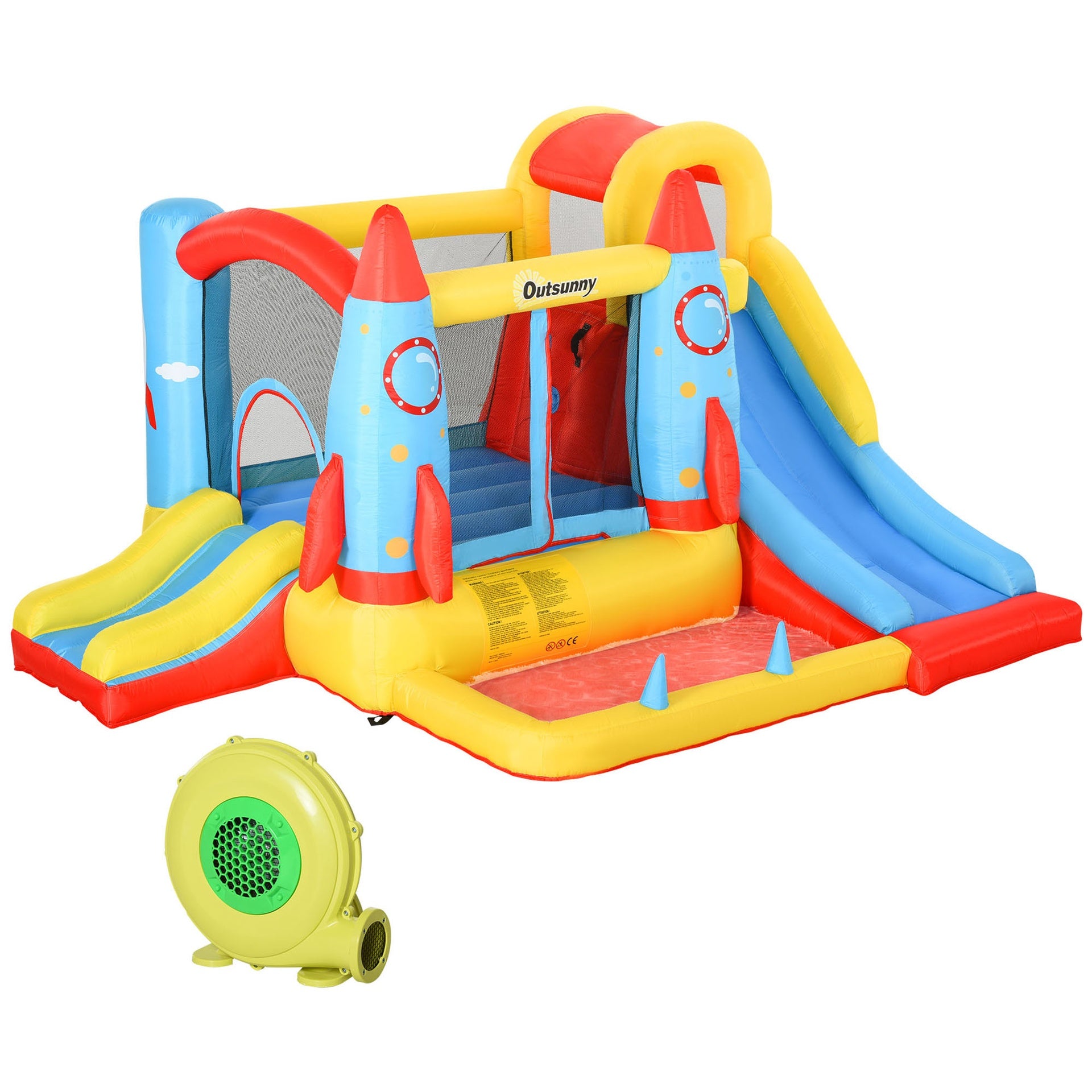 Outsunny Kids Bounce House, 4-in-1 Rocket Inflatable Water Slide Jumping Castle with 2 Slides, Climbing Wall, Trampoline, & Water Pool Area, Air Blower