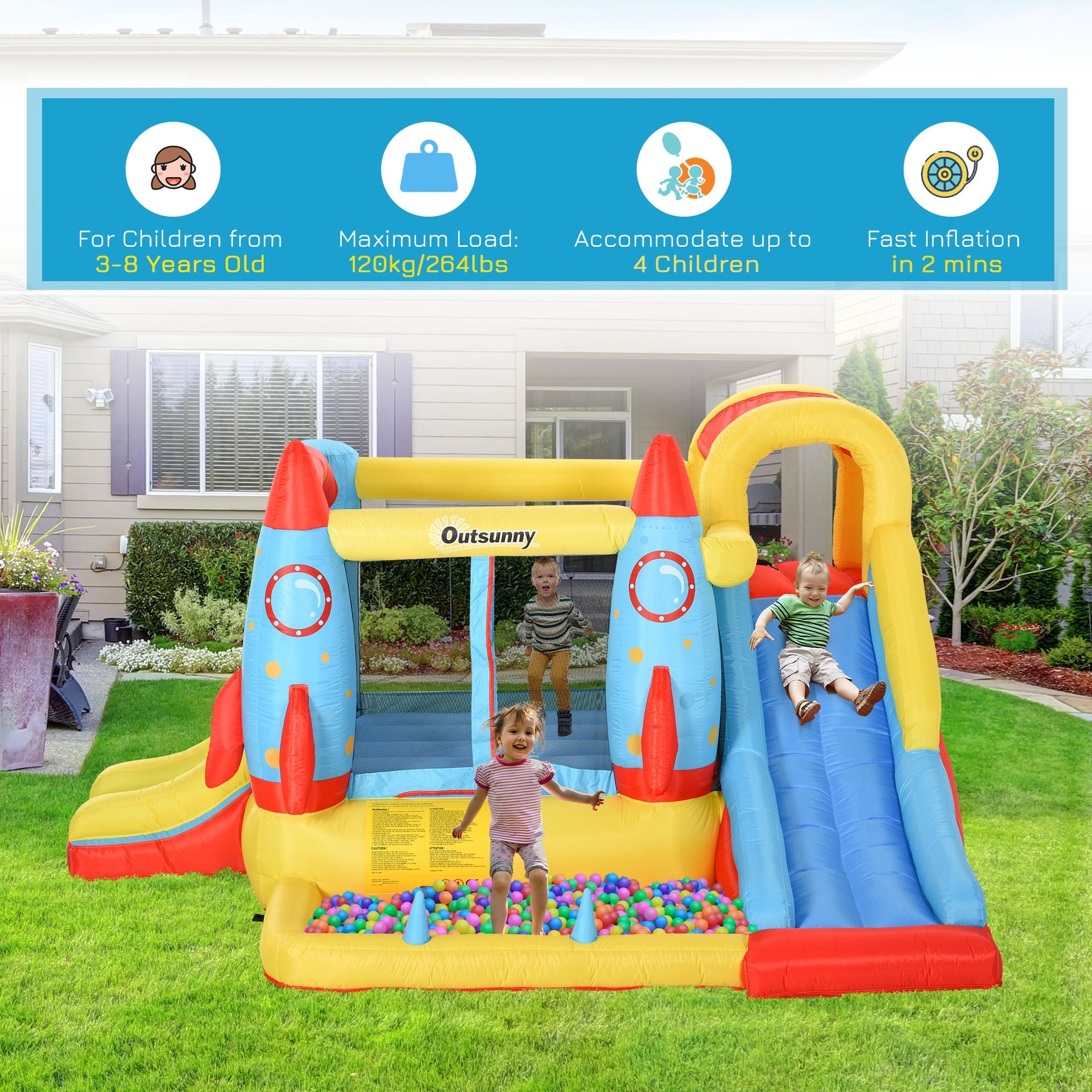 Outsunny Kids Bounce House, 4-in-1 Rocket Inflatable Water Slide Jumping Castle with 2 Slides, Climbing Wall, Trampoline, & Water Pool Area, Air Blower