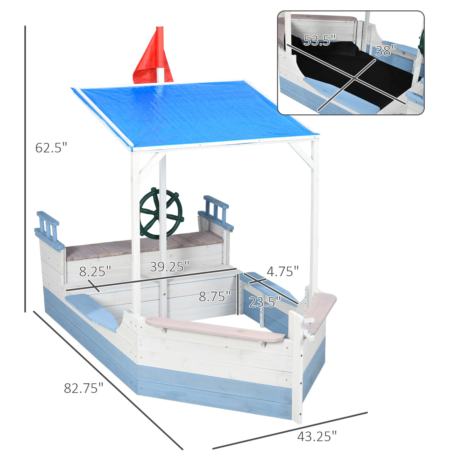 Outsunny Kids Sandbox with Canopy, Pirate Ship Wooden Sand Boxes with Bench for Backyard, Sand Pit for Toddlers, 83" x 43", Blue