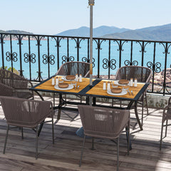 Outsunny Rectangular Patio Table with Umbrella Hole, Faux Wood Rectangle Outdoor Dining Table for 6 People for Garden, Brown