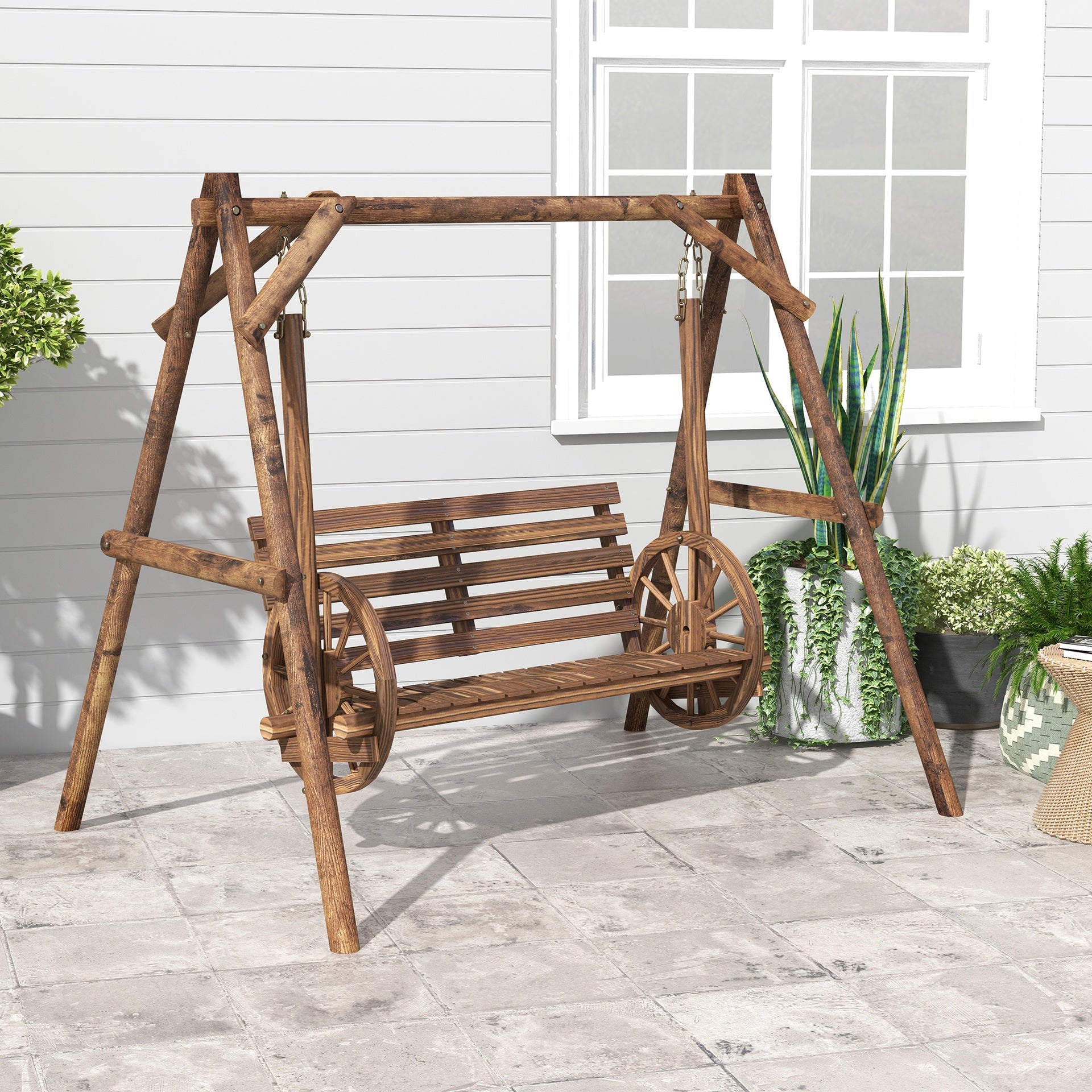 Outsunny 2-Seat Porch Swing with A-Frame Stand, Wooden Log Patio Swing Chair Bench with Wagon Wheel Armrests, Carbonized Brown