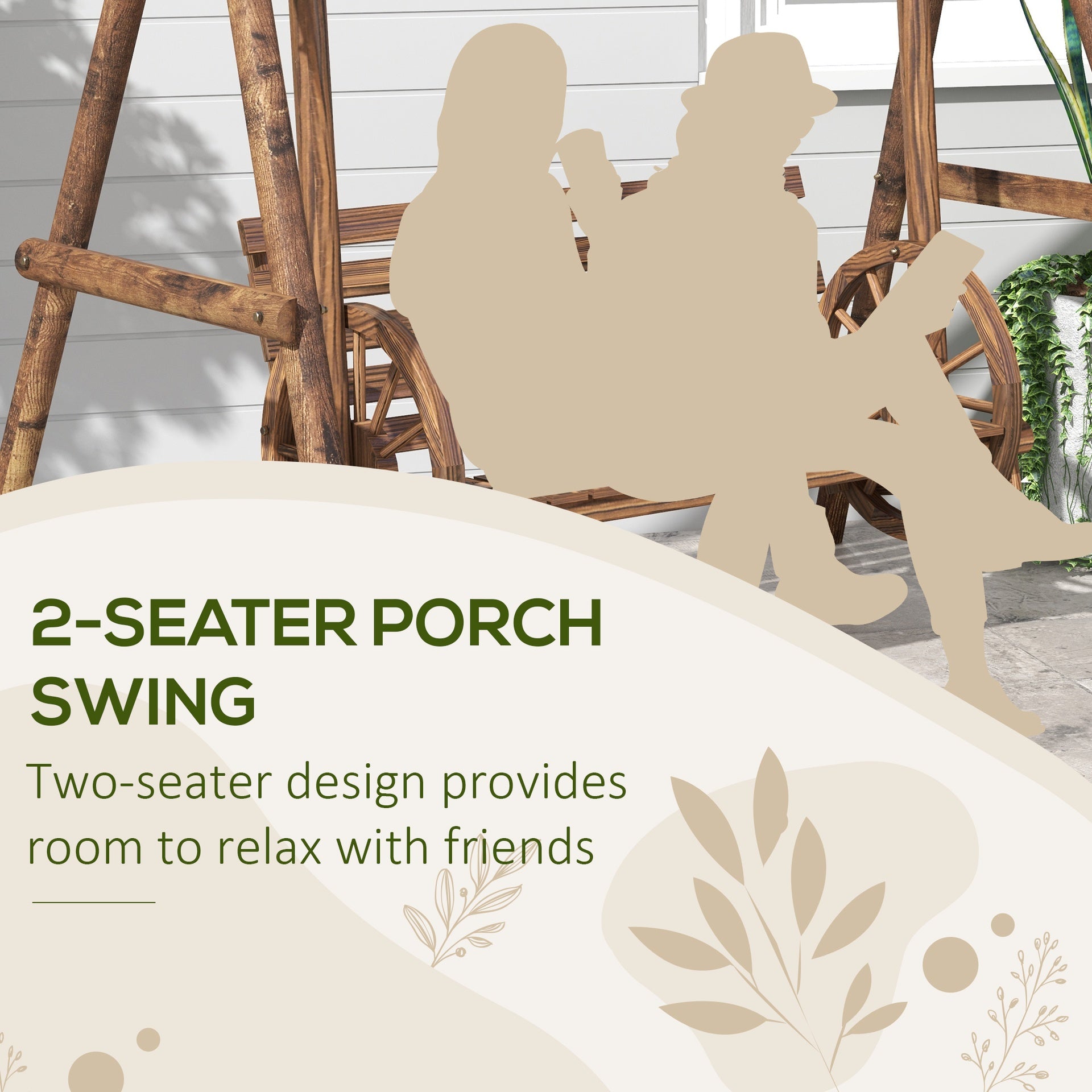 Outsunny 2-Seat Porch Swing with A-Frame Stand, Wooden Log Patio Swing Chair Bench with Wagon Wheel Armrests, Carbonized Brown