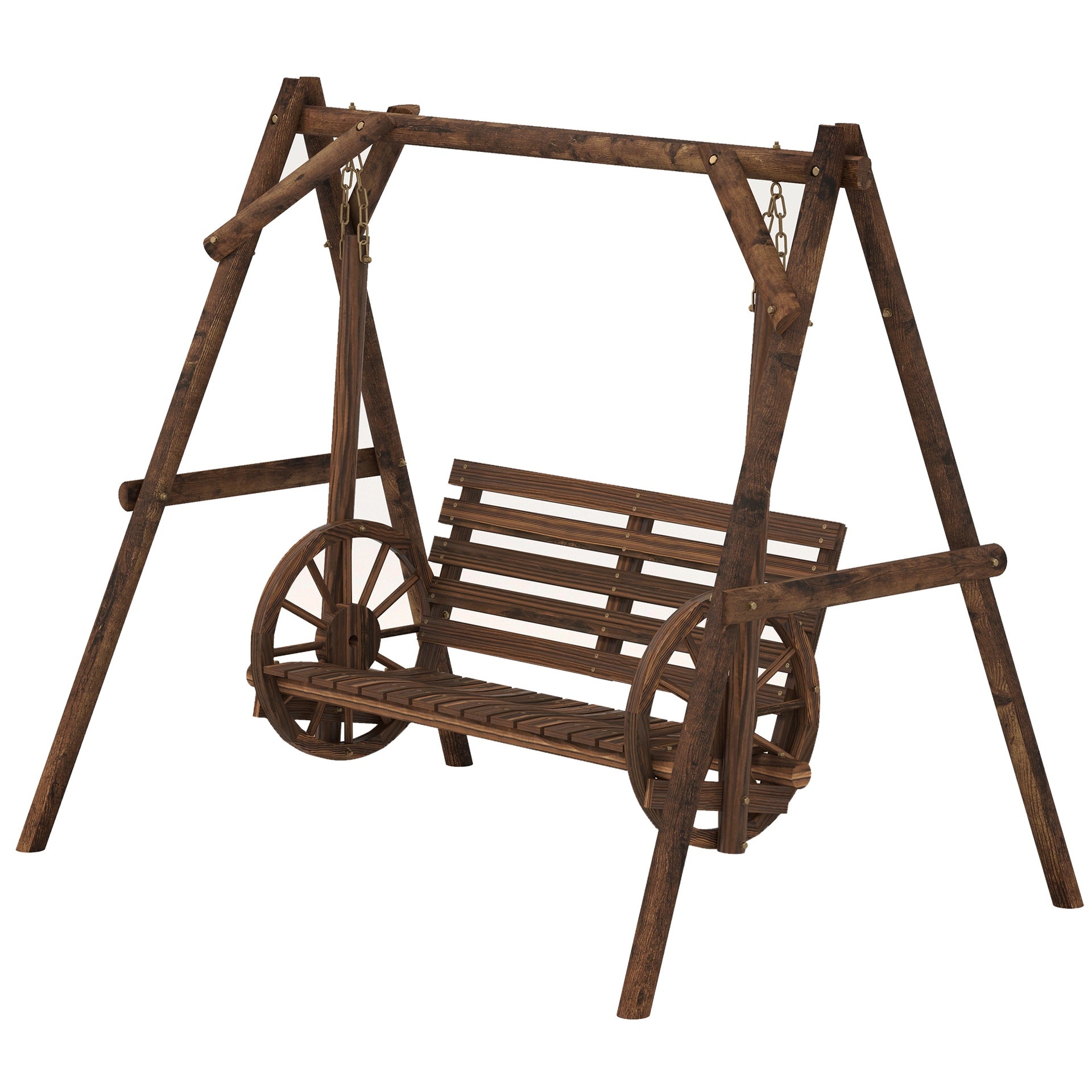 Outsunny 2-Seat Porch Swing with A-Frame Stand, Wooden Log Patio Swing Chair Bench with Wagon Wheel Armrests, Carbonized Brown