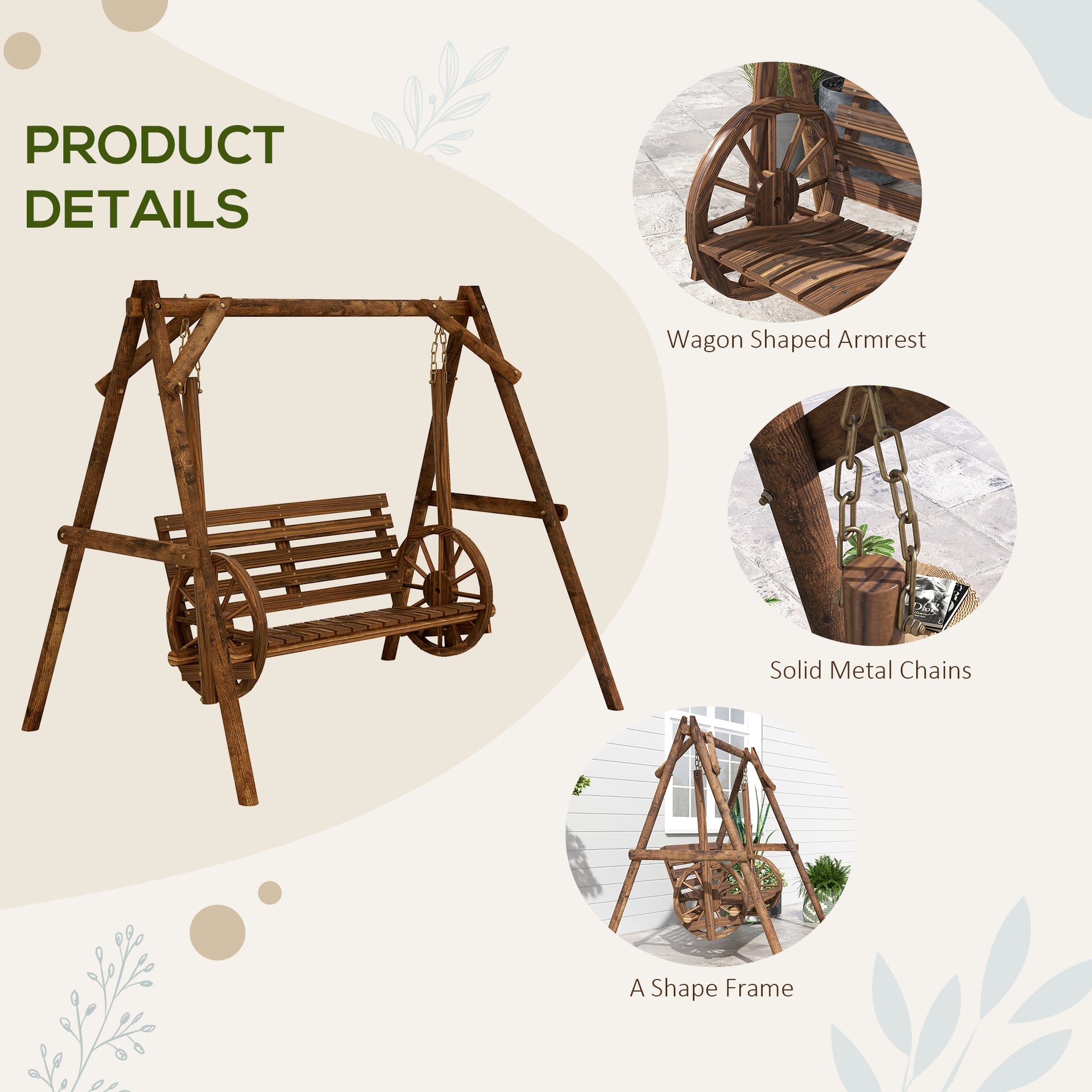 Outsunny 2-Seat Porch Swing with A-Frame Stand, Wooden Log Patio Swing Chair Bench with Wagon Wheel Armrests, Carbonized Brown