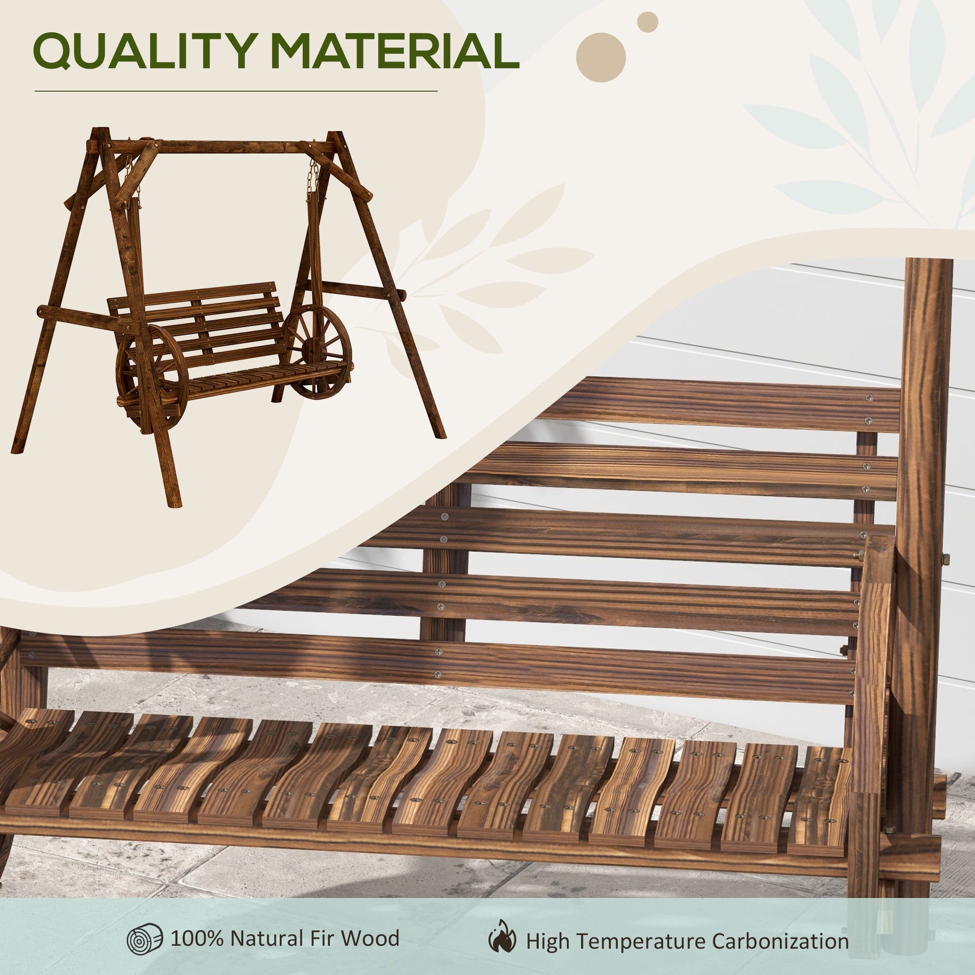 Outsunny 2-Seat Porch Swing with A-Frame Stand, Wooden Log Patio Swing Chair Bench with Wagon Wheel Armrests, Carbonized Brown