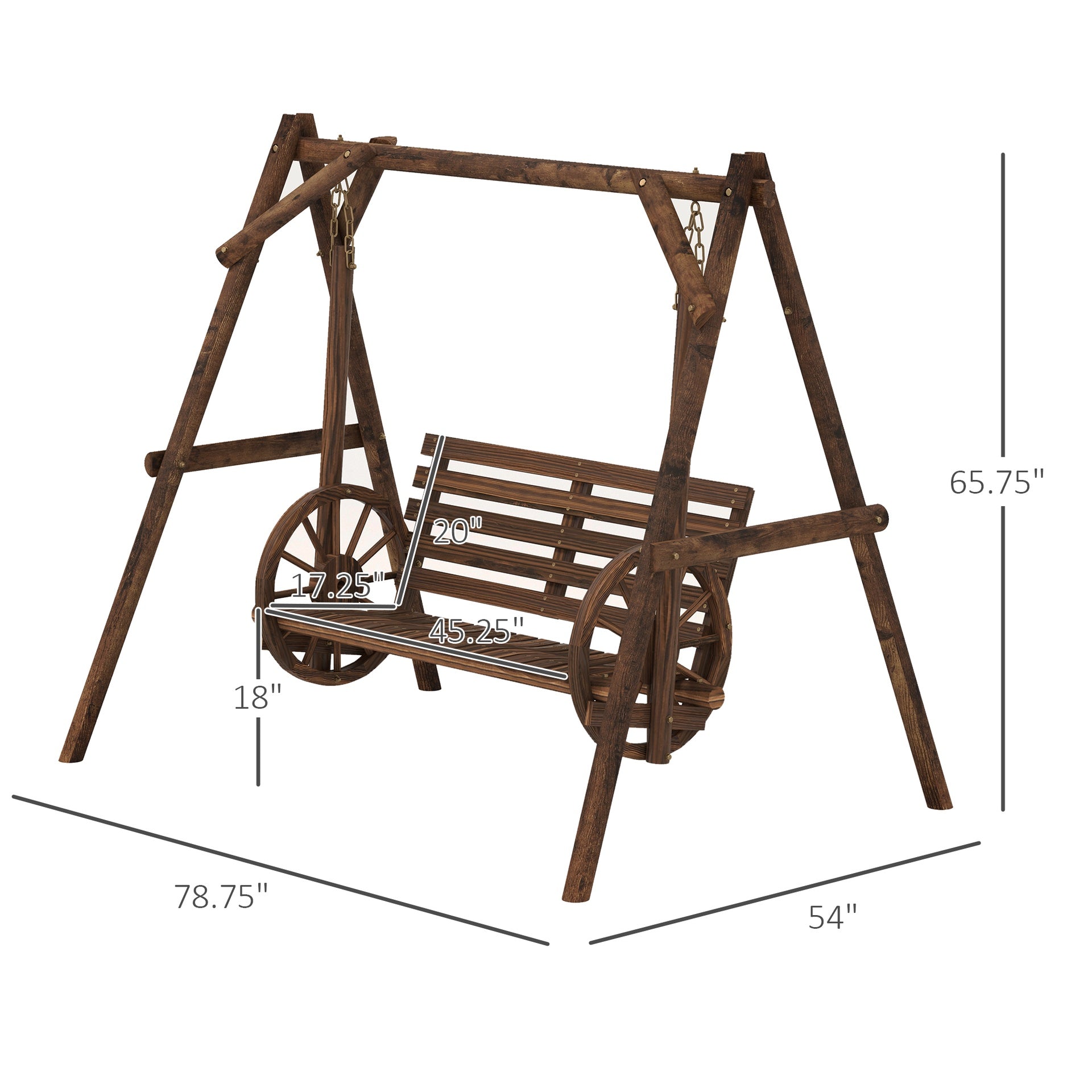 Outsunny 2-Seat Porch Swing with A-Frame Stand, Wooden Log Patio Swing Chair Bench with Wagon Wheel Armrests, Carbonized Brown