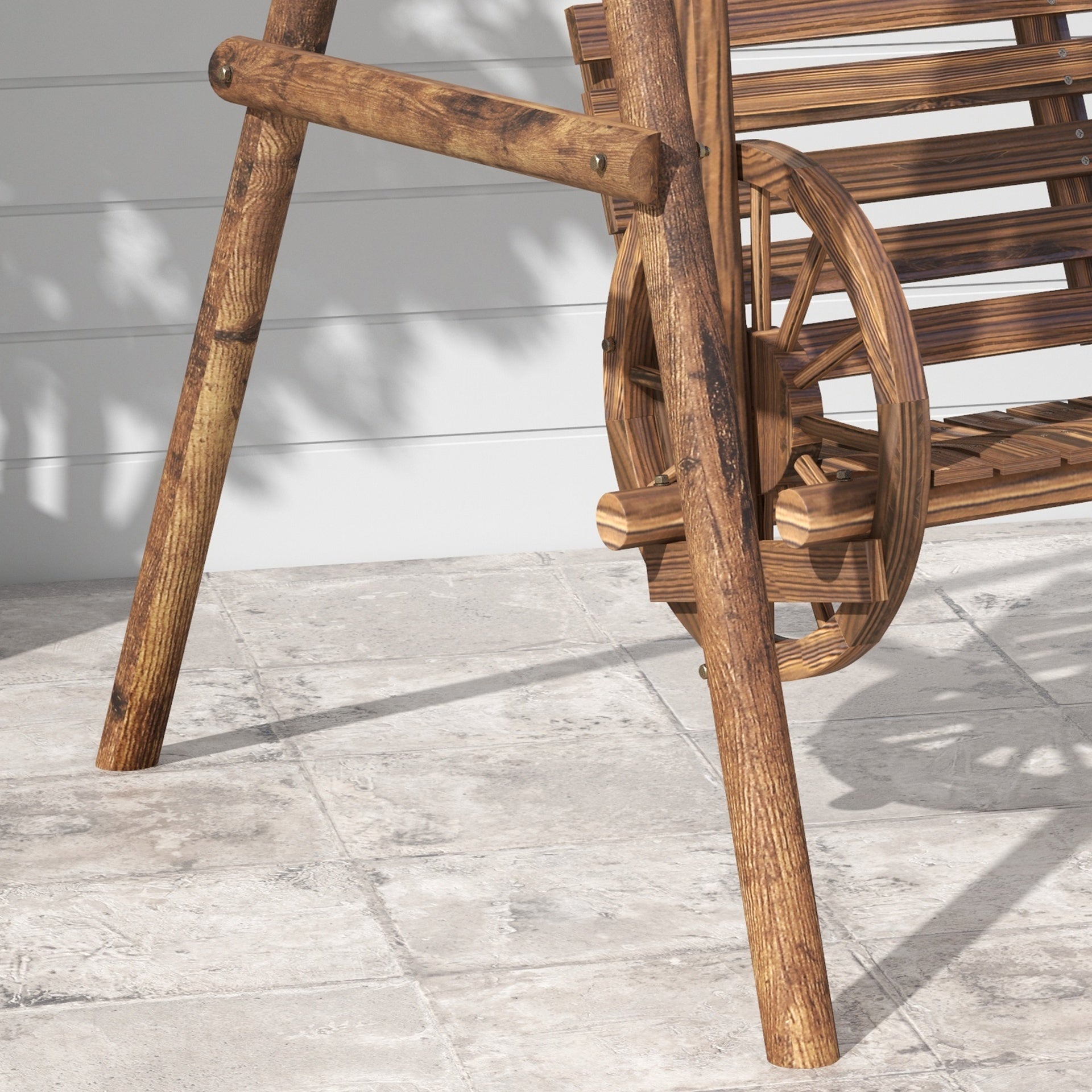 Outsunny 2-Seat Porch Swing with A-Frame Stand, Wooden Log Patio Swing Chair Bench with Wagon Wheel Armrests, Carbonized Brown
