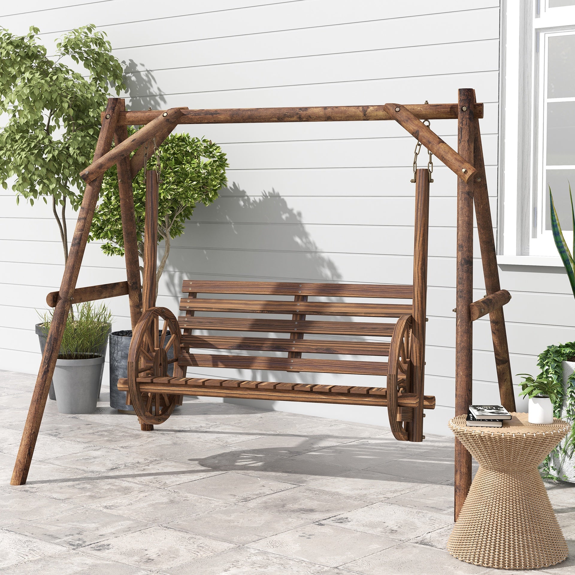 Outsunny 2-Seat Porch Swing with A-Frame Stand, Wooden Log Patio Swing Chair Bench with Wagon Wheel Armrests, Carbonized Brown
