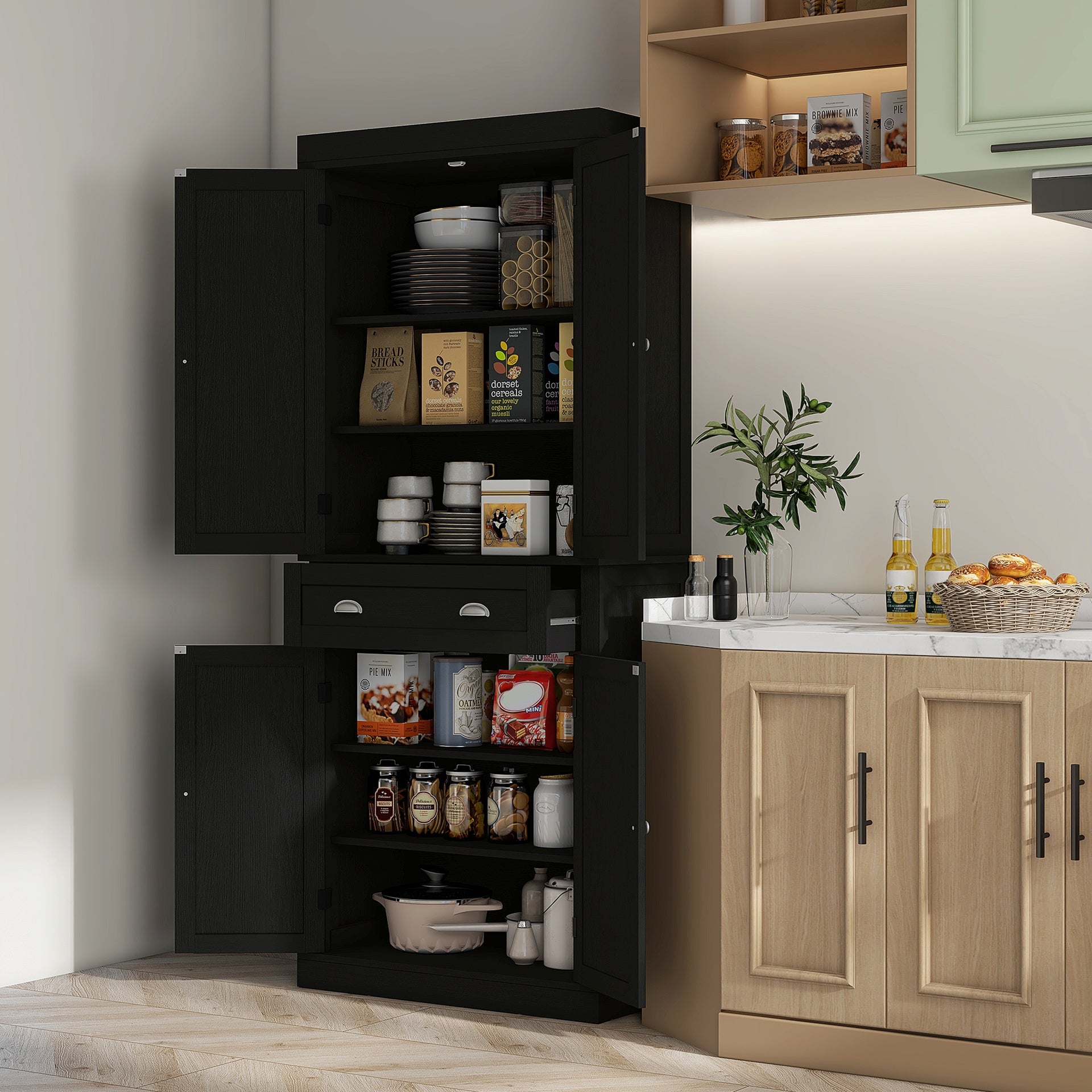 HOMCOM 72.5" Kitchen Cabinet, Pantry Storage Cabinet with Doors and Shelves, Freestanding Food Pantry Cabinet, Black Wood Grain