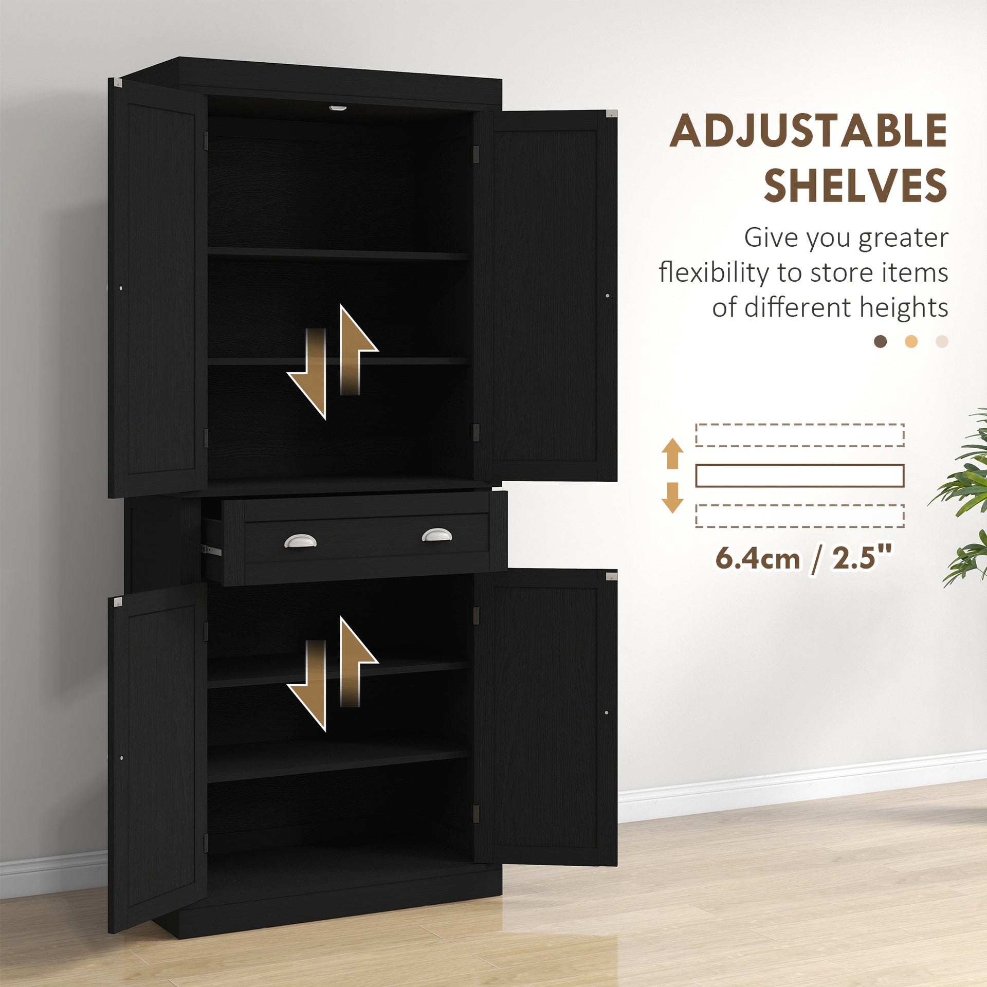 HOMCOM 72.5" Kitchen Cabinet, Pantry Storage Cabinet with Doors and Shelves, Freestanding Food Pantry Cabinet, Black Wood Grain