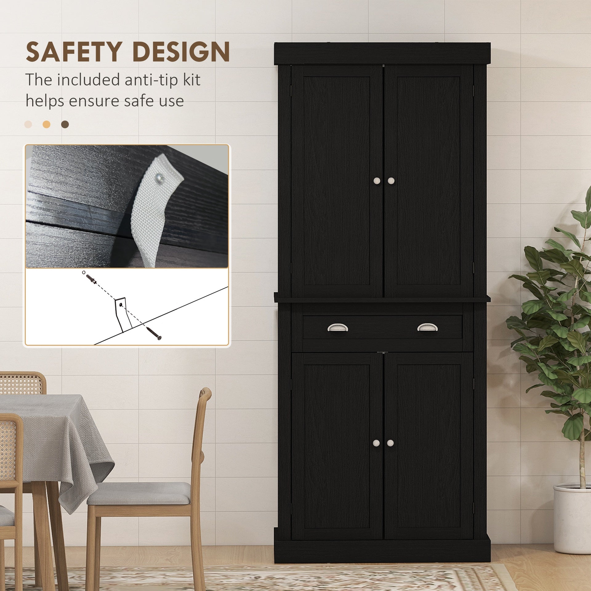 HOMCOM 72.5" Kitchen Cabinet, Pantry Storage Cabinet with Doors and Shelves, Freestanding Food Pantry Cabinet, Black Wood Grain