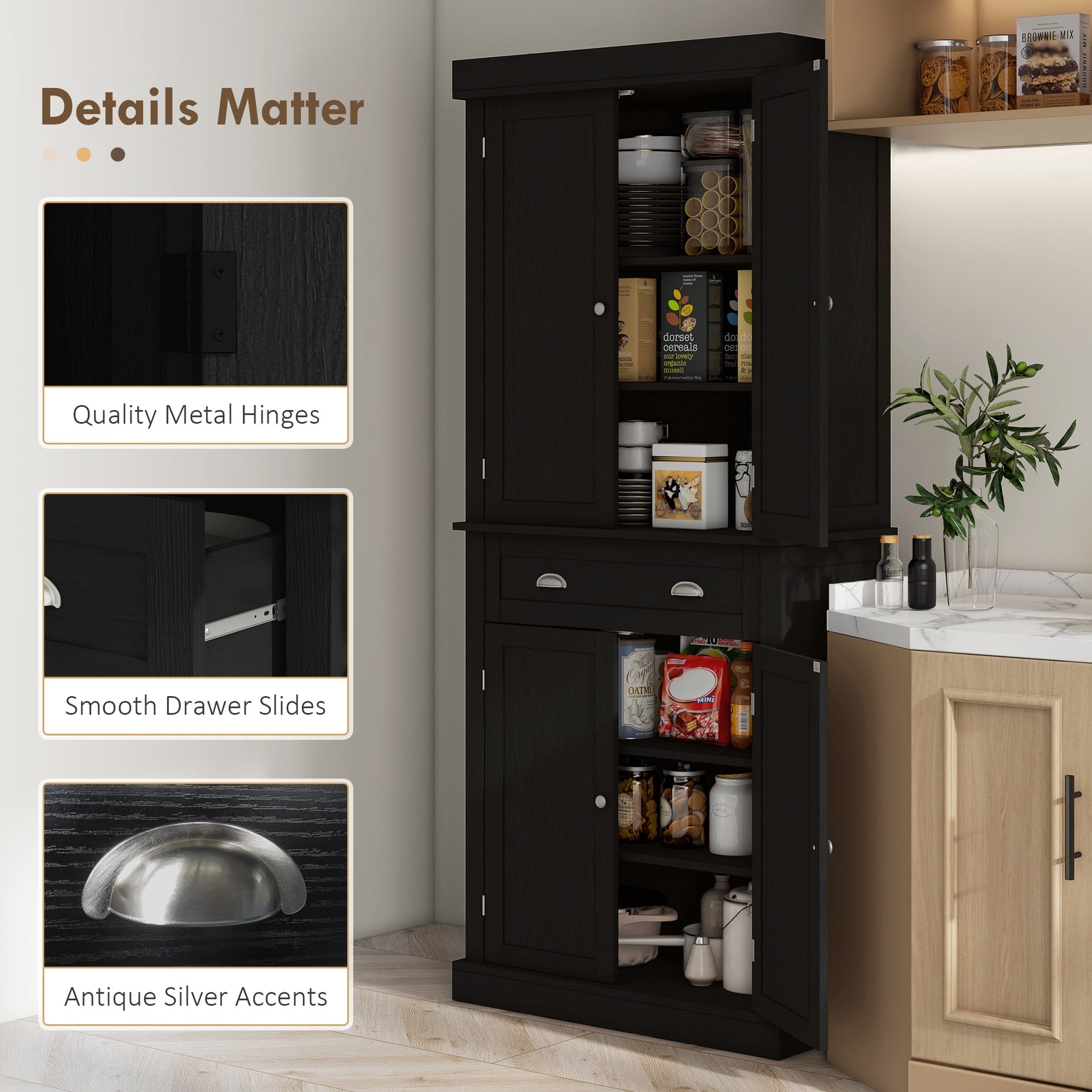 HOMCOM 72.5" Kitchen Cabinet, Pantry Storage Cabinet with Doors and Shelves, Freestanding Food Pantry Cabinet, Black Wood Grain