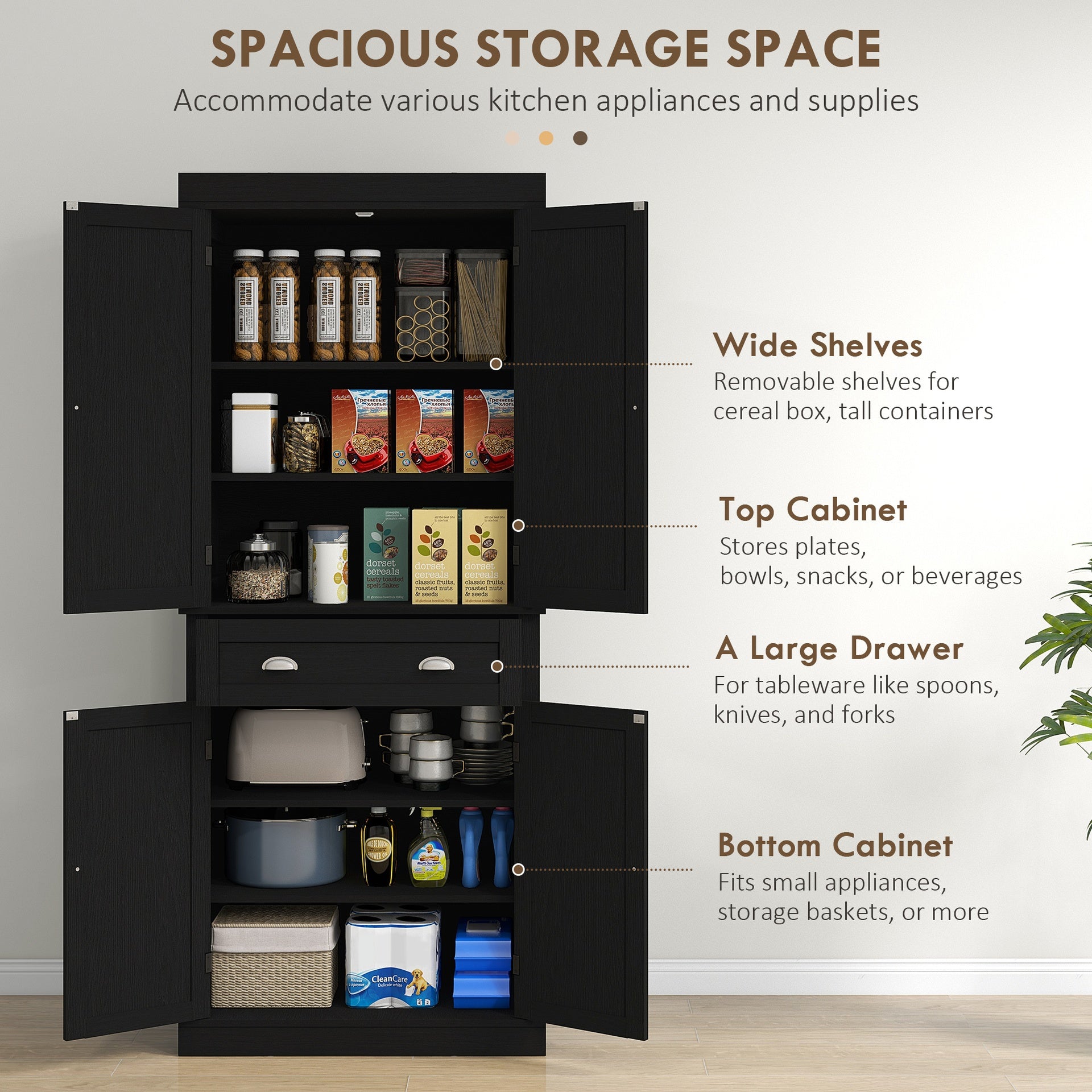 HOMCOM 72.5" Kitchen Cabinet, Pantry Storage Cabinet with Doors and Shelves, Freestanding Food Pantry Cabinet, Black Wood Grain