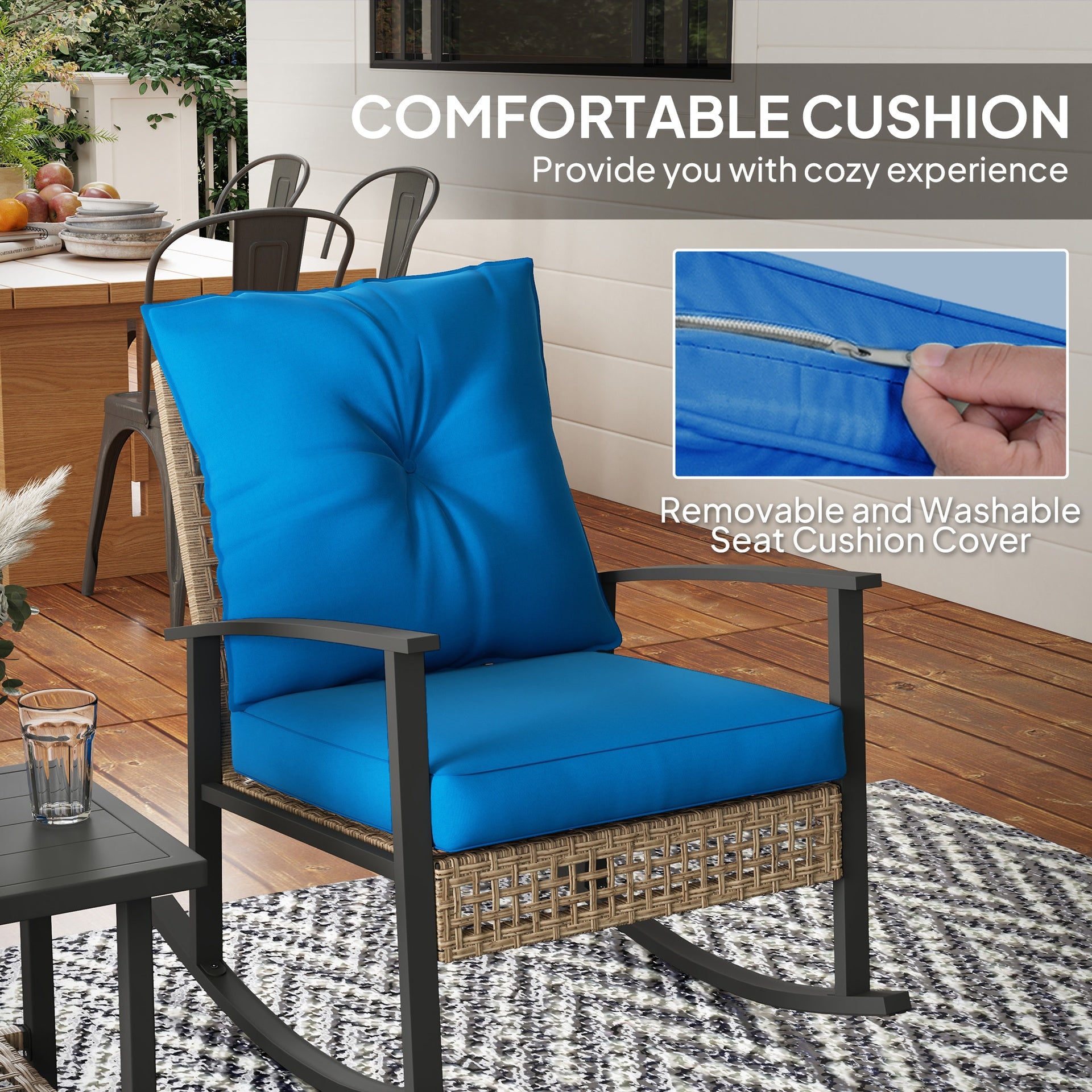 Outsunny 3 Pieces Bistro Set, Patio Wicker Furniture Set with Button Tufted Cushions, Rattan Rocking Chairs, Coffee Table, Blue
