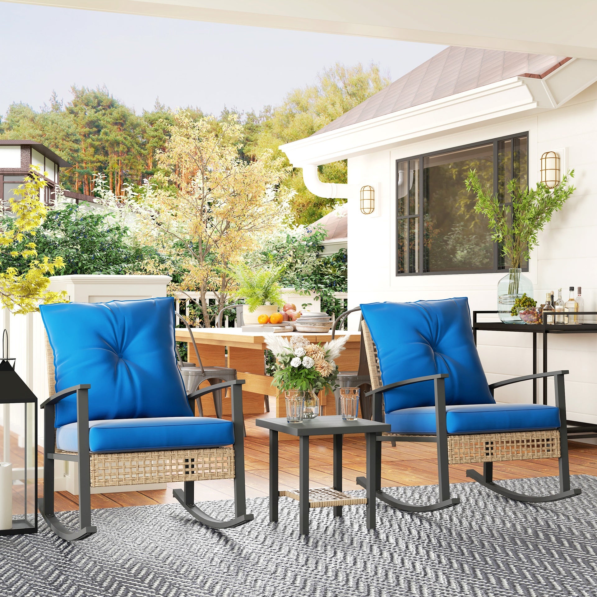 Outsunny 3 Pieces Bistro Set, Patio Wicker Furniture Set with Button Tufted Cushions, Rattan Rocking Chairs, Coffee Table, Blue