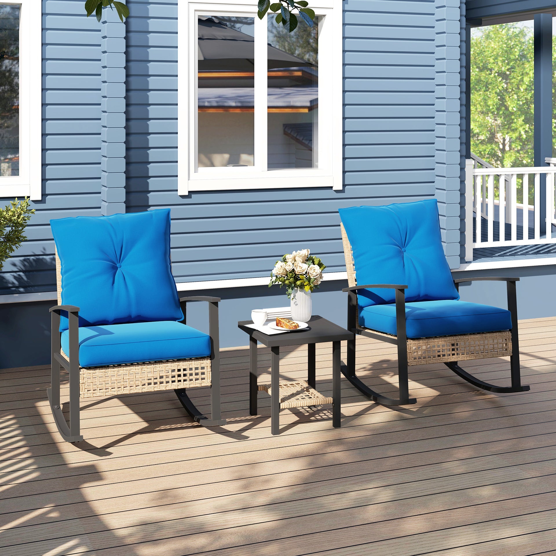Outsunny 3 Pieces Bistro Set, Patio Wicker Furniture Set with Button Tufted Cushions, Rattan Rocking Chairs, Coffee Table, Blue